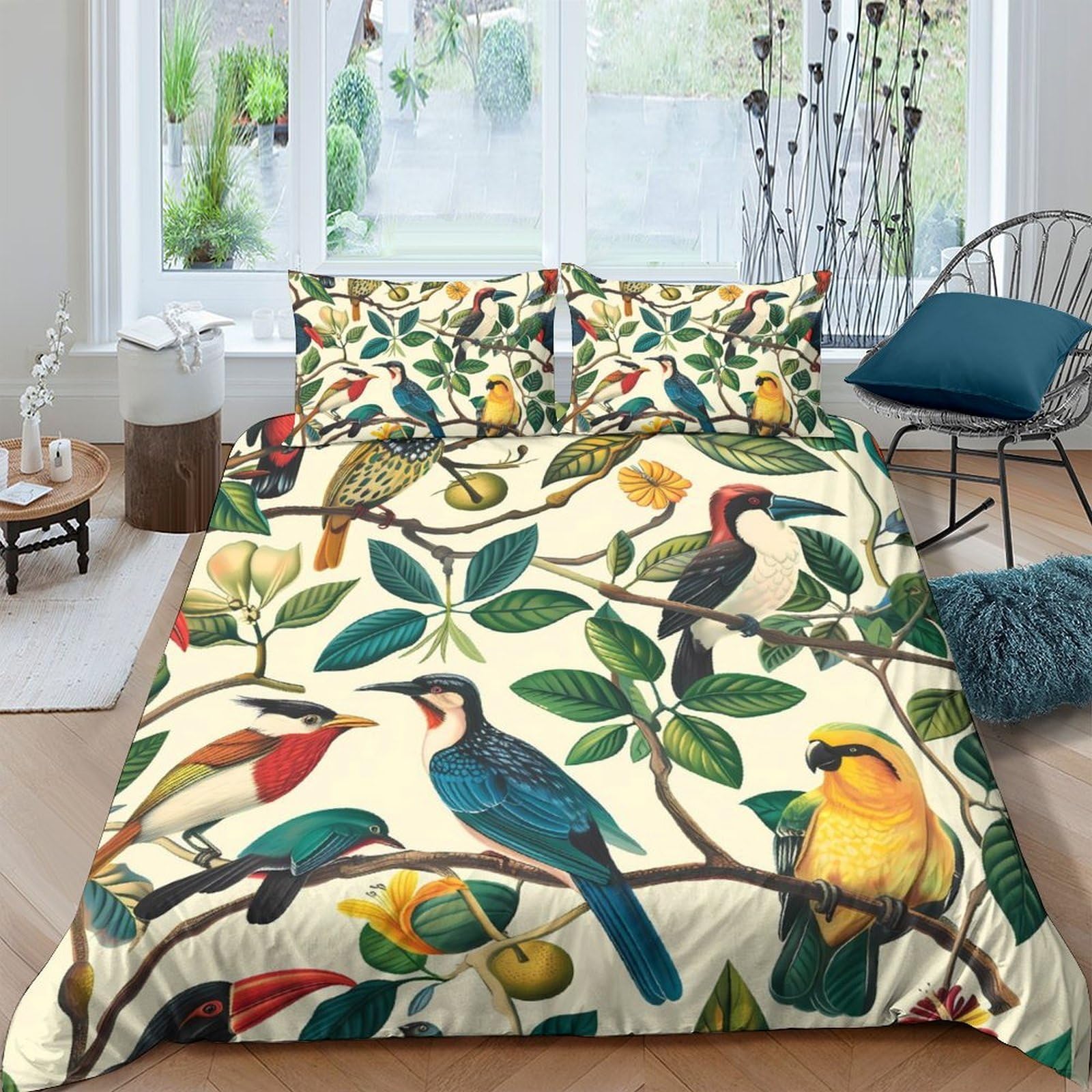 GPLZQXKJNH 3D Printed Tropical Birds Duvet Cover Microfiber Soft Breathable Jungle Branches Bedding Set with 2 Pillowcases for Bedroom Decor Single（135x200cm）