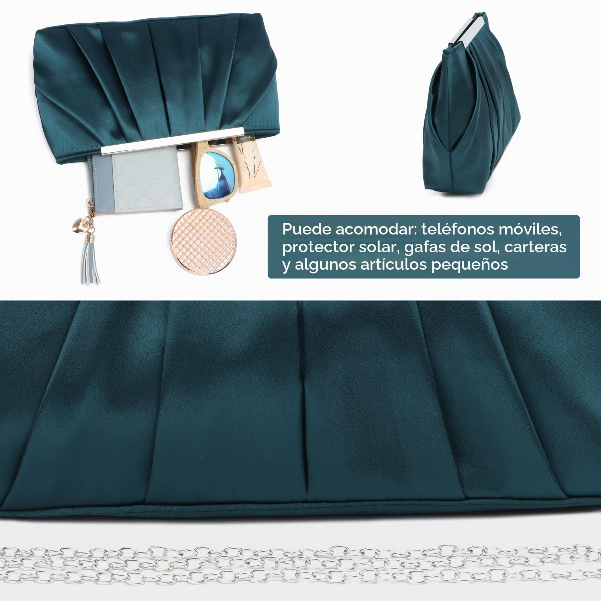 Carteras de Mano de Noche para Mujer Bolso de Noche Plisado Elegante de Satén Bolsos de Boda Plateados