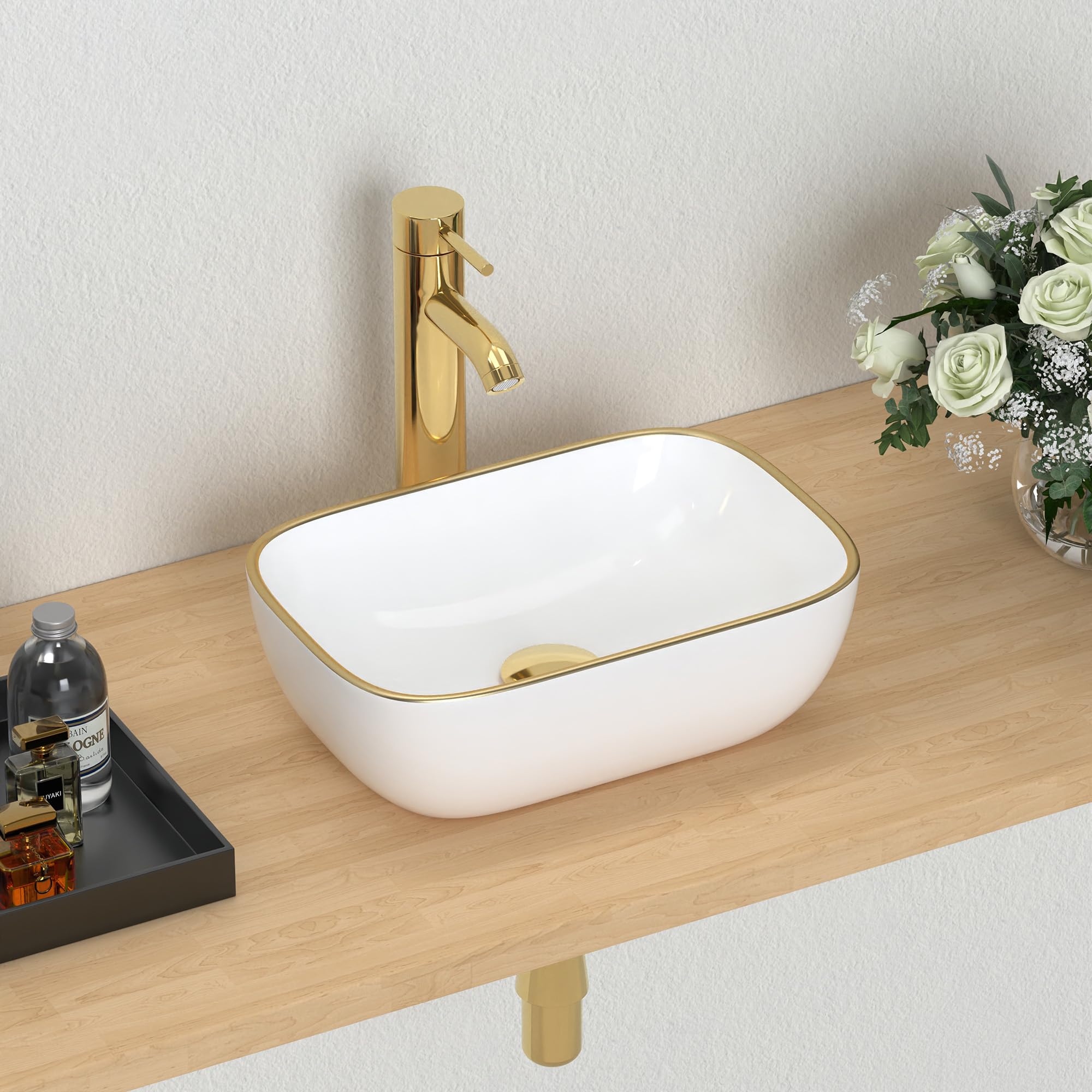 J-FAMILY Modern Bathroom Small Vessel Sink Above Counter Compact Porcelain Ceramic Wash Basin Golg Trim Decoration Lavatory Wash Hand Basin,365 x 250 x 115mm