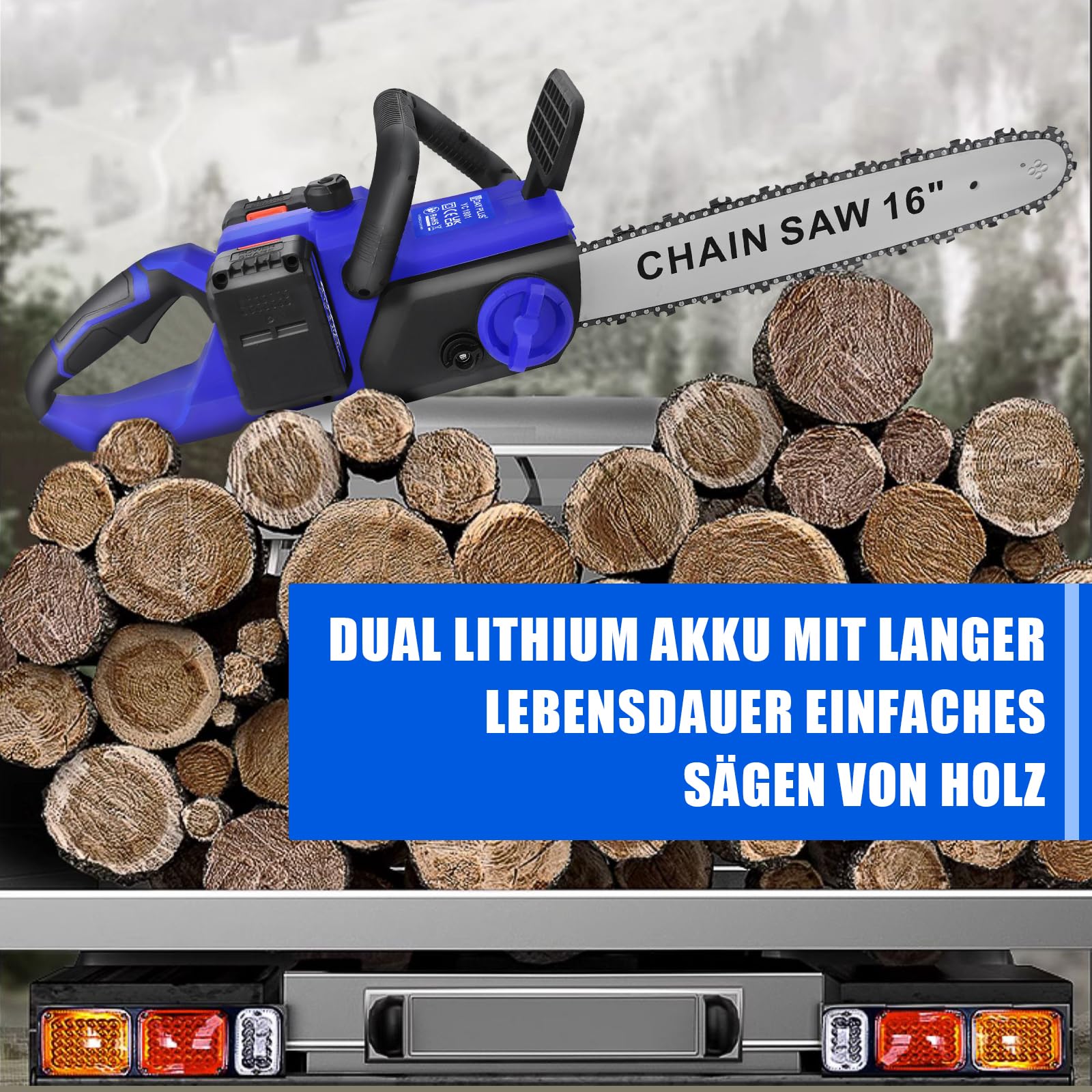 VOERJIA Akku-Kettensäge 16 Zoll - 2200W Mit 4x 4000mAh Akkus Für Baumfällarbeiten