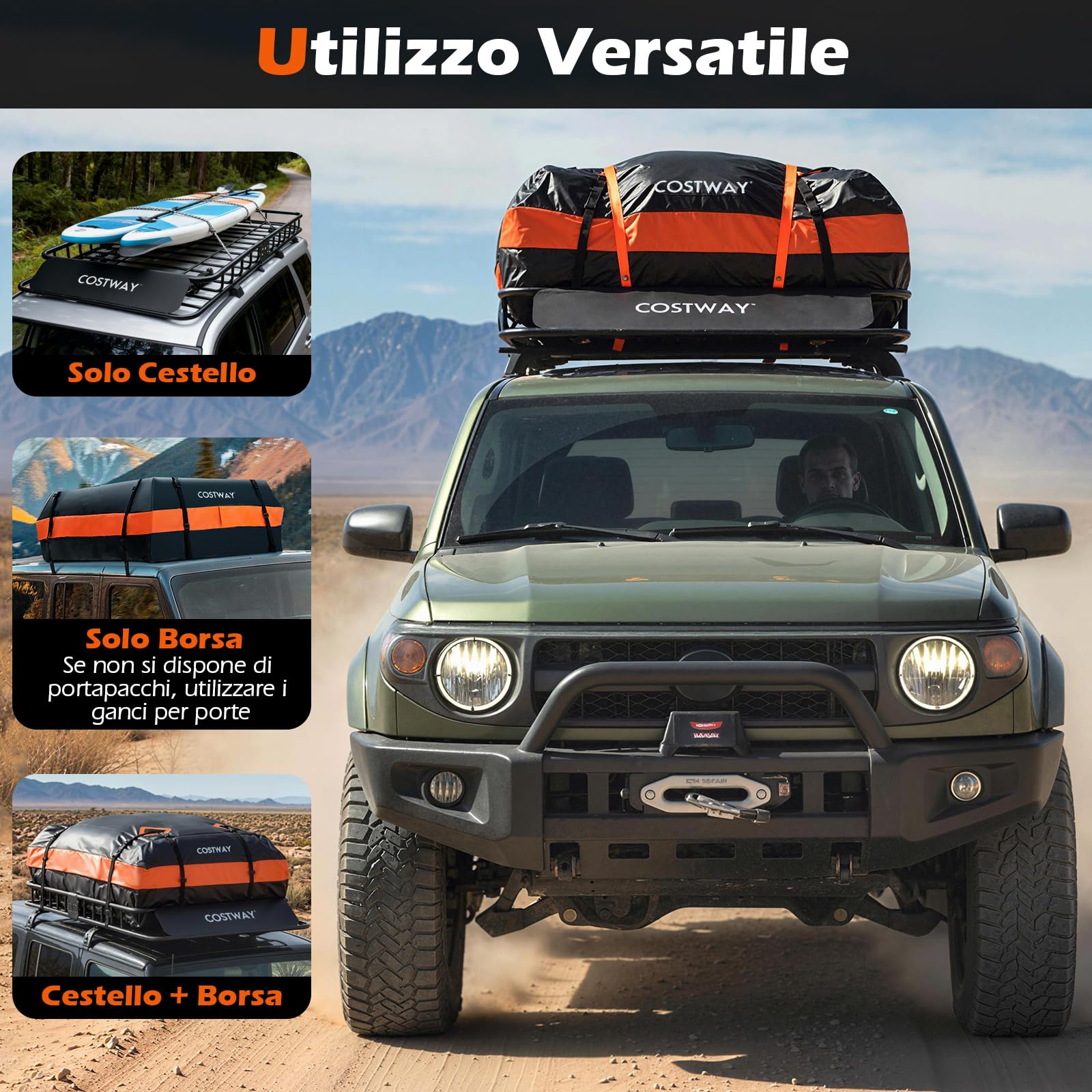COSTWAY Portapacchi Auto da Tetto, Cestino Portapacchi da Tetto con Borsa per Bagagli e Cinghie a Cricchetto, Portata 90 kg, Barre Portatutto Universale per SUV, Camion, Berlina, 130 x 91 x 17 cm