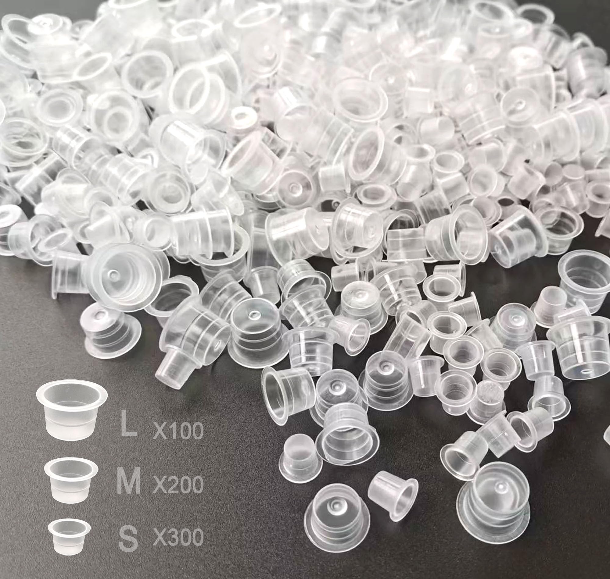 Tattoo Ink Caps, 600PCS Mixed Size Ink Caps Cups, Disposable Plastic Clear Tattoo Microblading Pigment Ink Cups for Tattoo Supplies Permanent Makeup Container Cap Tattoo Accessory (Small Medium Large)