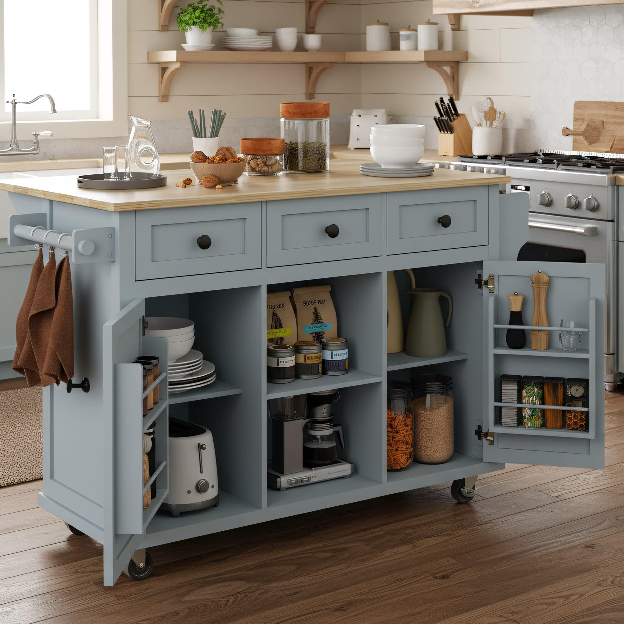 Rolling Kitchen Island with Storage, Moveable Kitchen Island with Drop Leaf, Portable Kitchen Storage Islands & Carts with Drawers and Shelves for