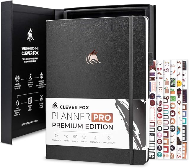Clever Fox Planner Pro Premium Edition Luxurious Weekly & Monthly Planner + Budget Planner Organizer for Productivity & Reaching Goals, Undated, A4 Hardcover + Keepsake Box, Lasts 1 Year, SilverBlack