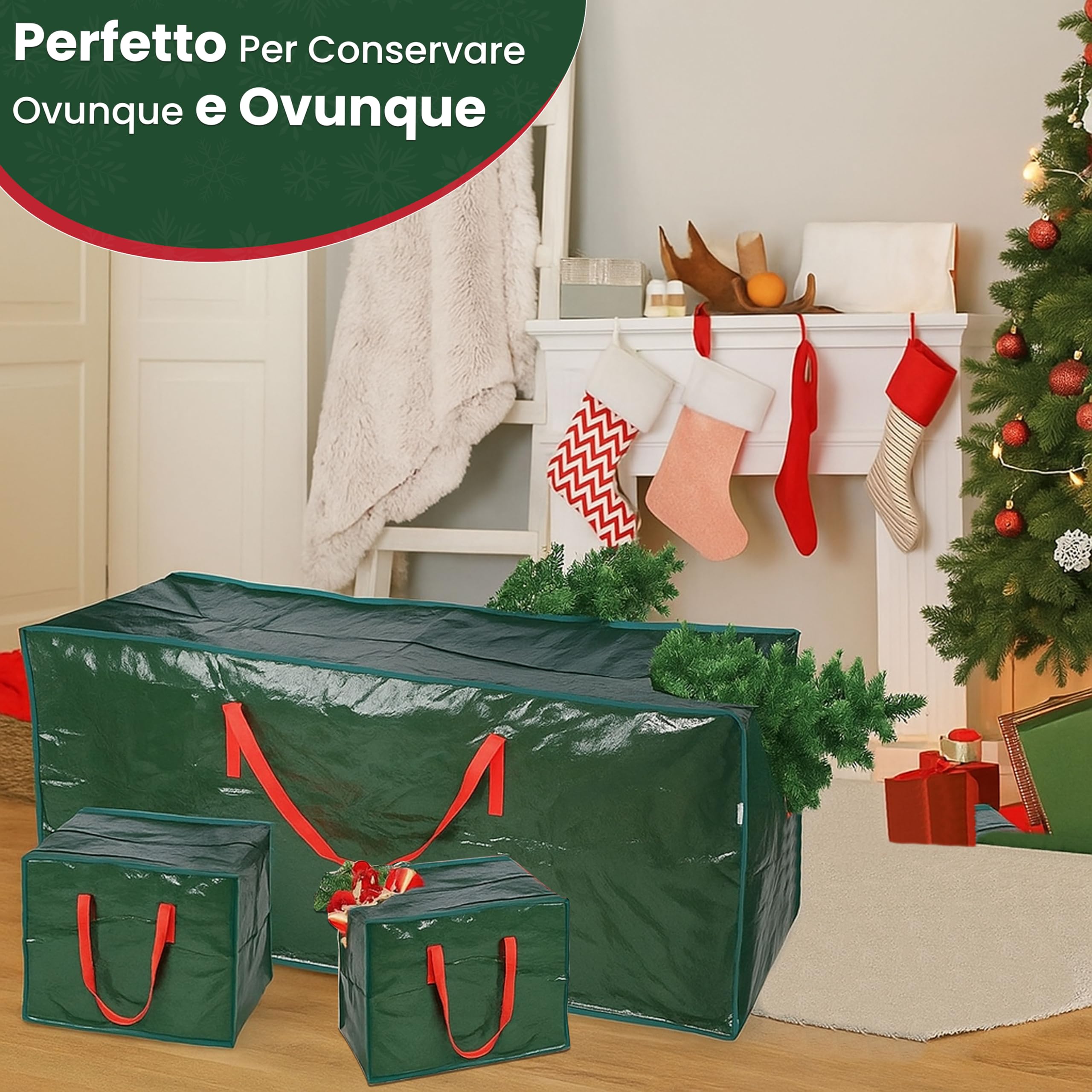 Borsa portaoggetti per alberi di Natale – Adatta ad alberi artificiali fino a 7,5 piedi – Set da 3 pezzi con 2 borse decorative – Maniglie rinforzate resistenti e cerniera