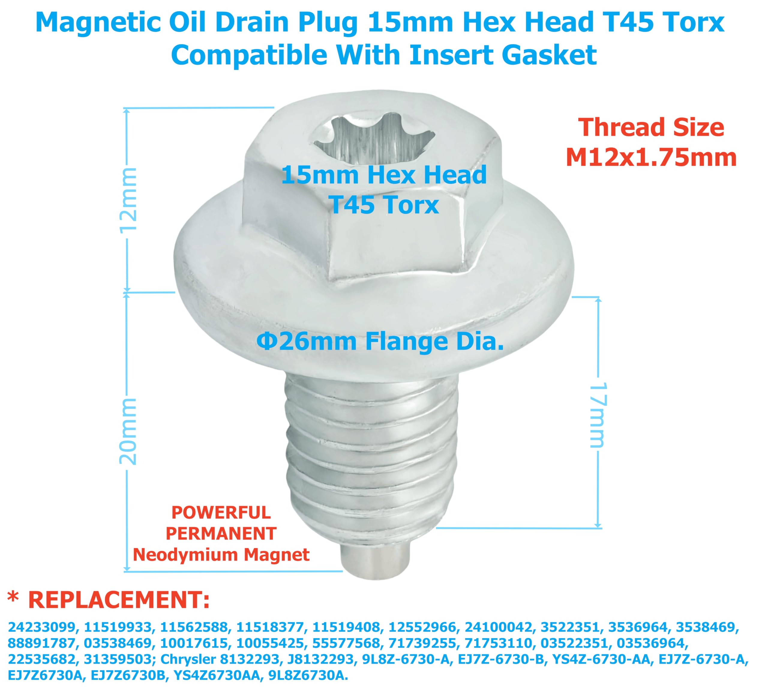 2-Piece Engine Oil Drain Plug Bolt With Gasket – M12 X 1.75mm – Fits GMC, Buick, Chevrolet