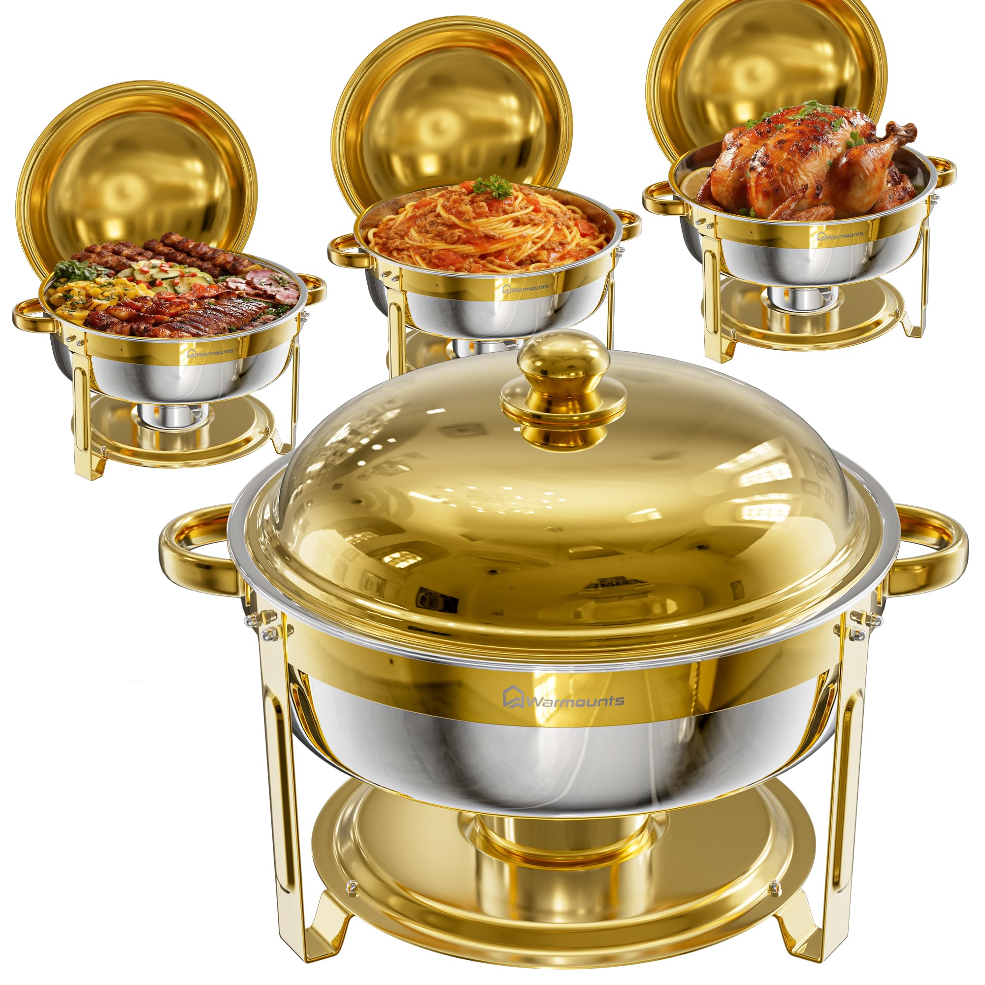 WARMOUNTS Chafing Dish 4er Set 6L Gold, Speisenwärmer Buffet Rund Edelstahl mit Deckelhalter, Warmhaltebehälter Stapelbar Catering Rechaud für Gastronomie, Partys & Hochzeiten