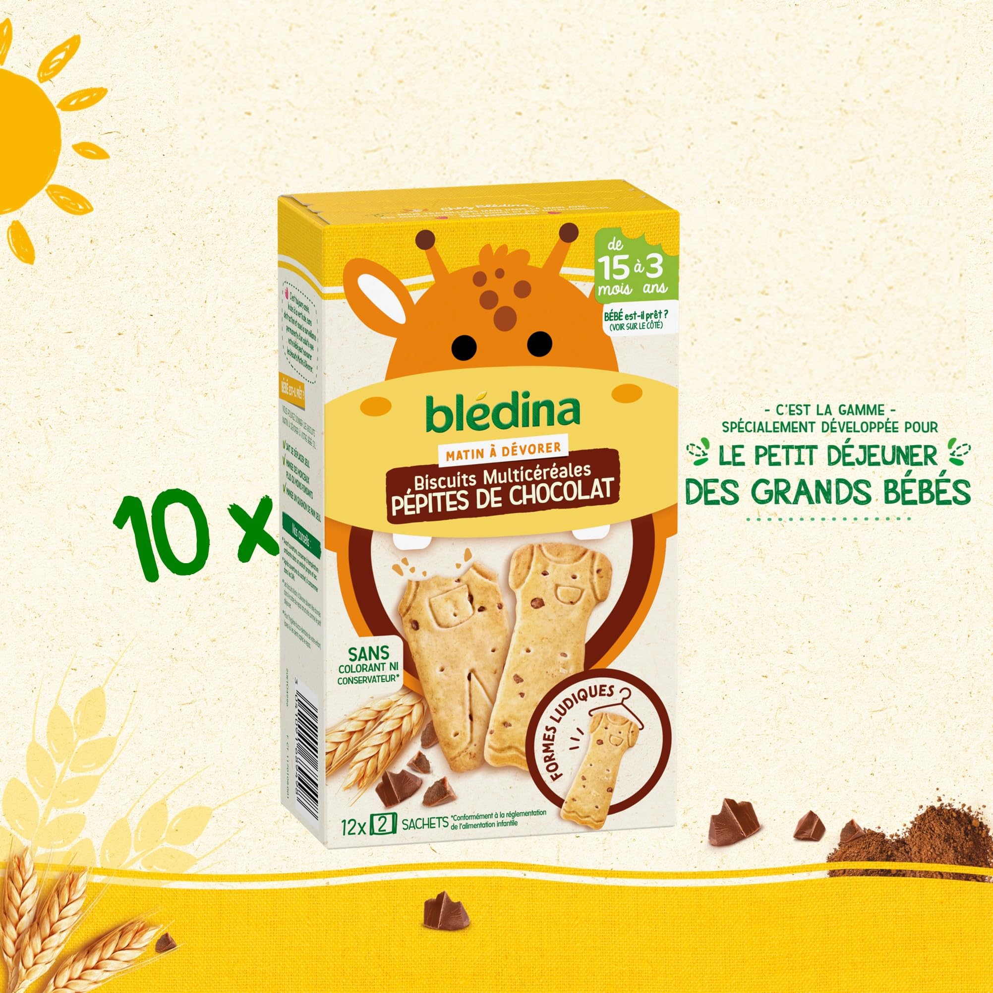 Blédina Mini Matin, Biscuits Multicéréales pour bébé, Dès 15 Mois, Pépites de Chocolat, 168g (Lot de 10)