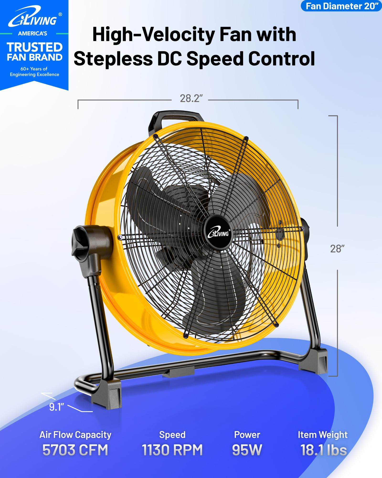 iLiving 5703 CFM - Ventilador de tambor de piso de alta velocidad con motor sin escobillas de CC, ajuste de velocidad continuo para talleres, certificación UL de seguridad, ILG8M20-50DC