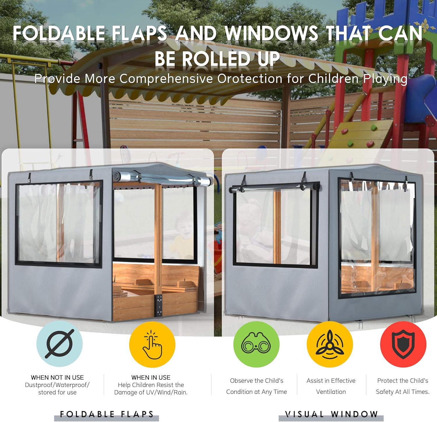 Sandbox Cover, 48”x48”x52”, Kid Sand Box Covers, Waterproof, UV Resistant, with Rollable Transparent Windows, Ideal for Backyard Wooden Sandbox, Windproof,Dustproof & Pet-Proof, Grey, Only Cover