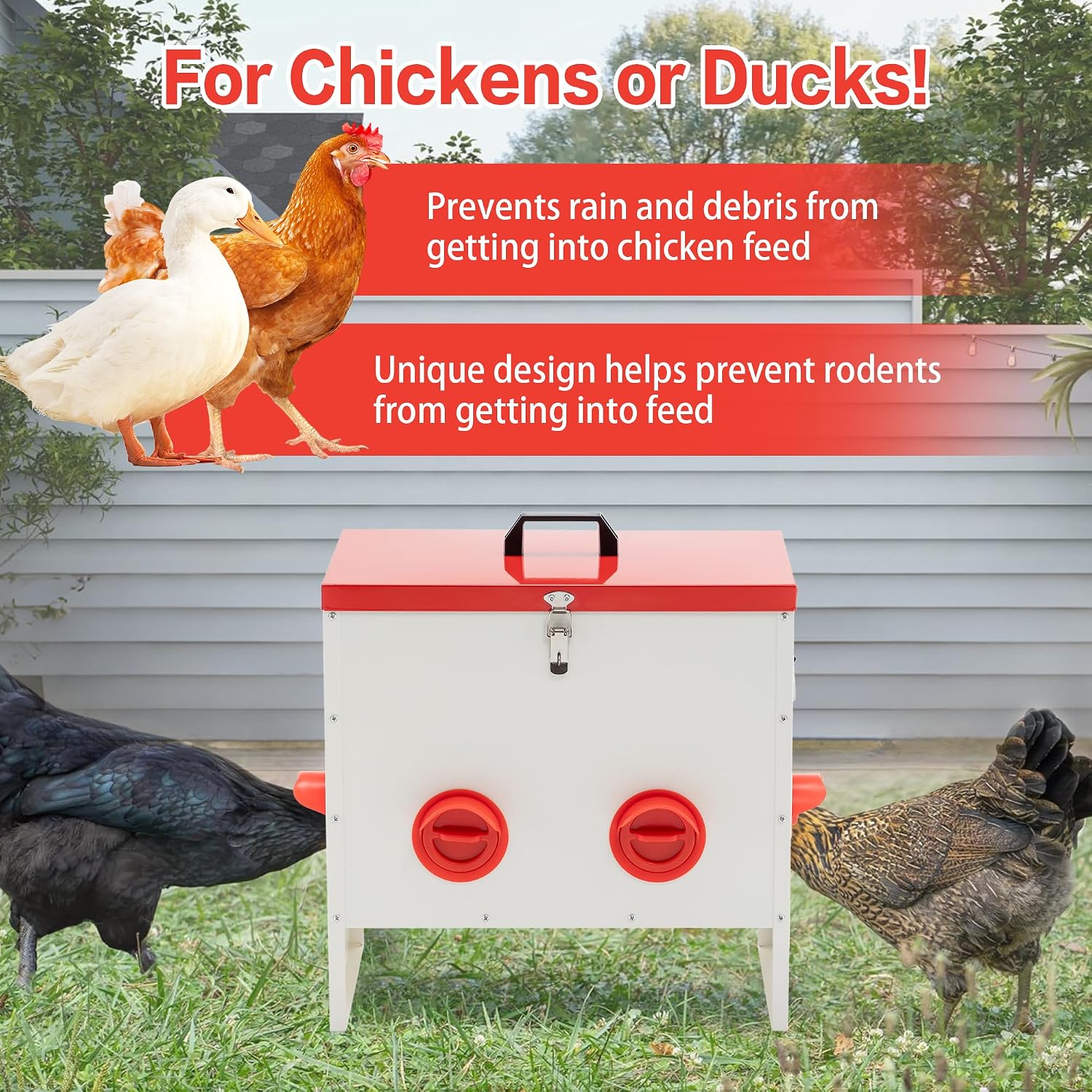 Hohuqeri Metal Chicken Feeder Large Capacity Automatic, 6-Ports Weather-Resistant & Animal-Proof Poultry Feeder for Chickens, Geese, Ducks, Turkeys, Quails