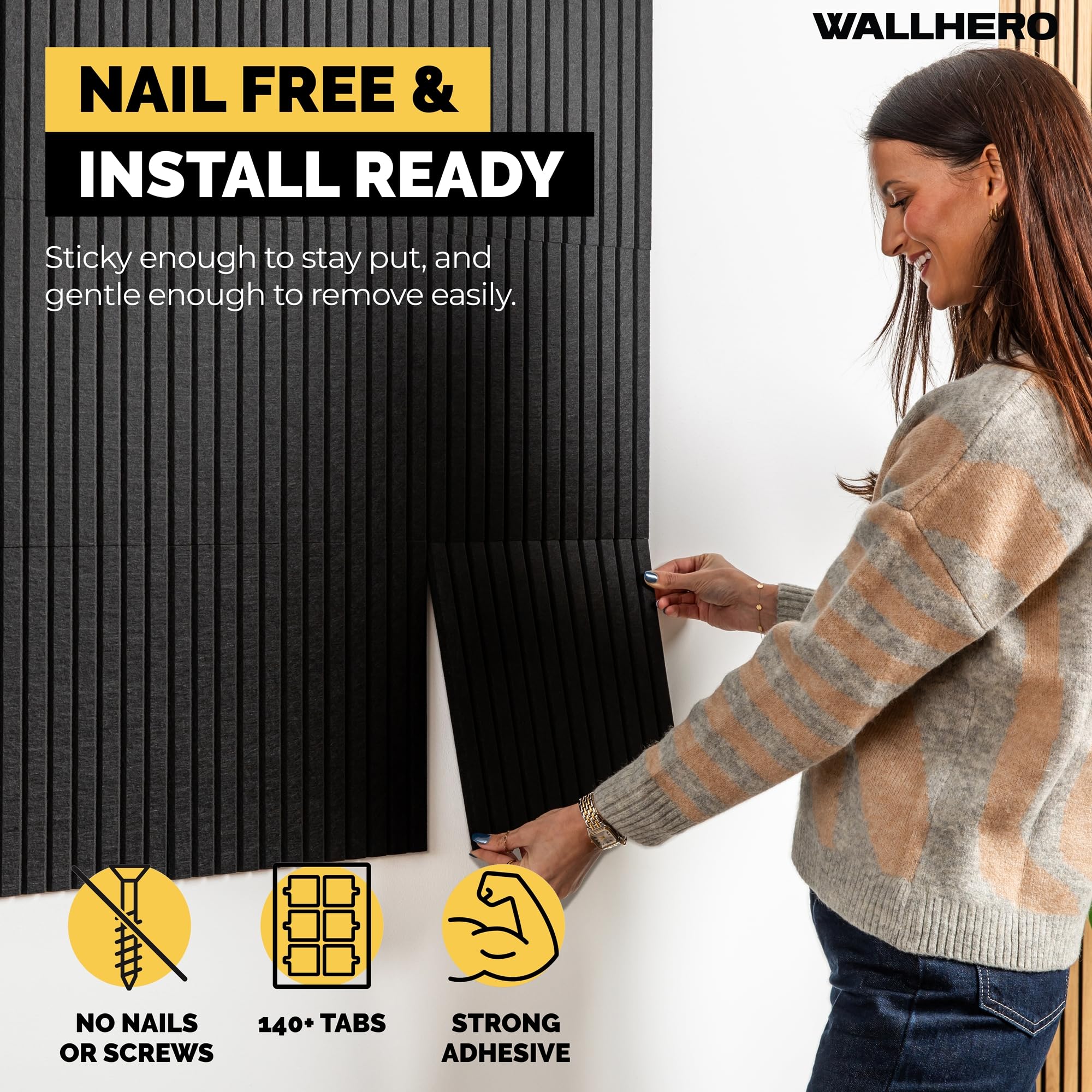 WALLHERO Große Pinnwand, Reißzwecken, 150 x 91,4 cm, 15 Stück, Wandpinnwand, Korktafel, Alternative für Wände, Tablero de Corcho para Pared, Kordeltafel für die Wand (schwarze Lamellen)