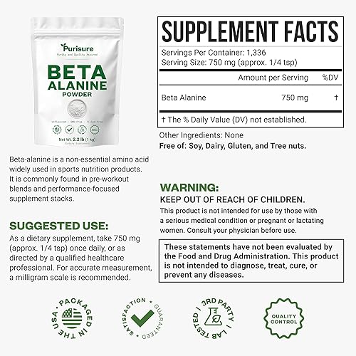 Miniatura 2 de Purisure Polvo de beta alanina de 2.2 lbs, suplemento de preentrenamiento de beta alanina pura para energía sostenida, polvo de preentrenamiento de