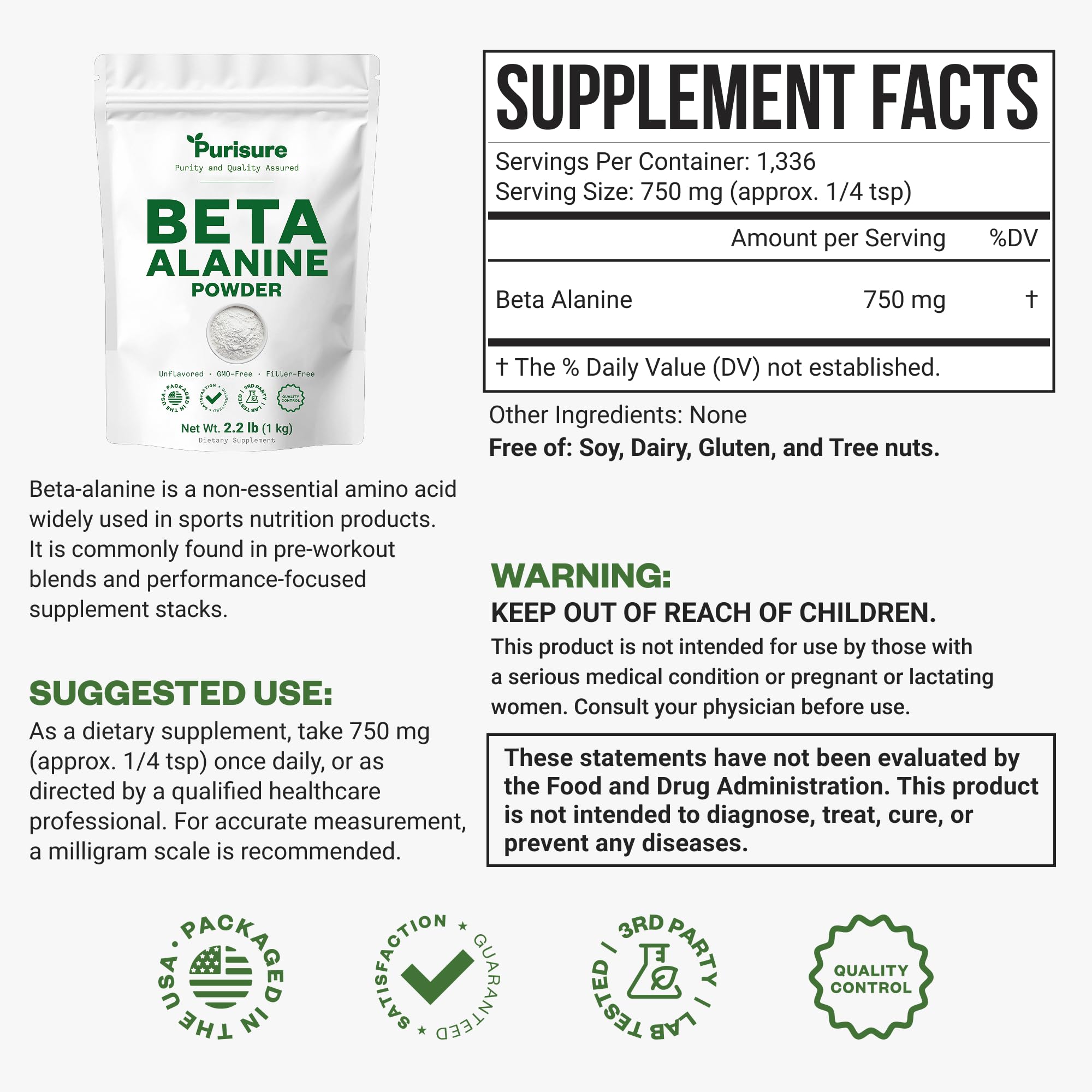 Purisure Beta Alanine Powder 1kg, Pure Beta Alanine Pre-Workout Supplement for Sustained Energy, Beta Alanine Pre Workout Powder for Men and Women, Alanine Supplement for Endurance, 1,336 Servings — Amazon image 2