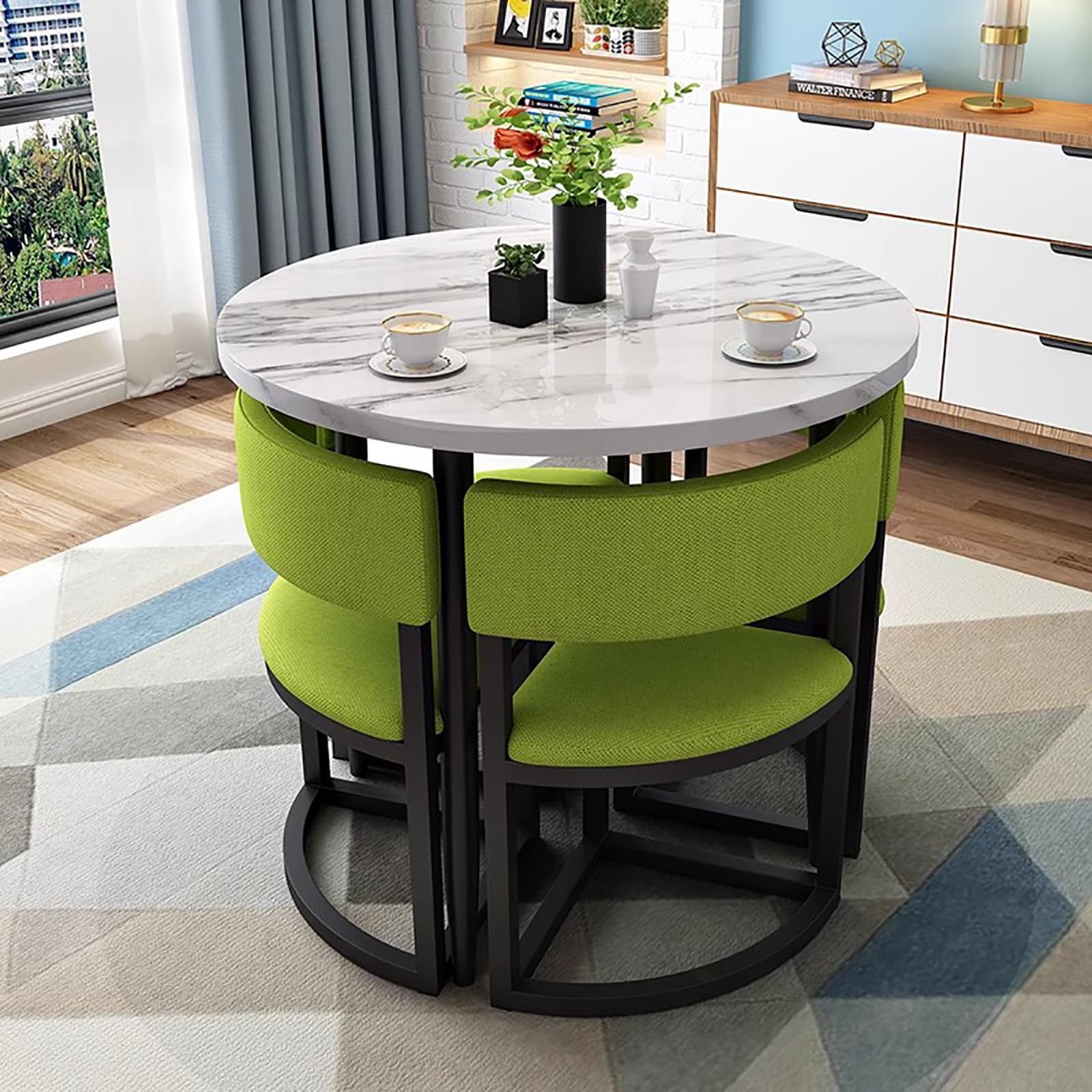 Juego de mesa de comedor pequeña para 4, mesa de cocina redonda de 31 pulgadas con 4 sillas, muebles compactos que ahorran espacio, mesa auxiliar multifuncional para comedor/sala de estar y