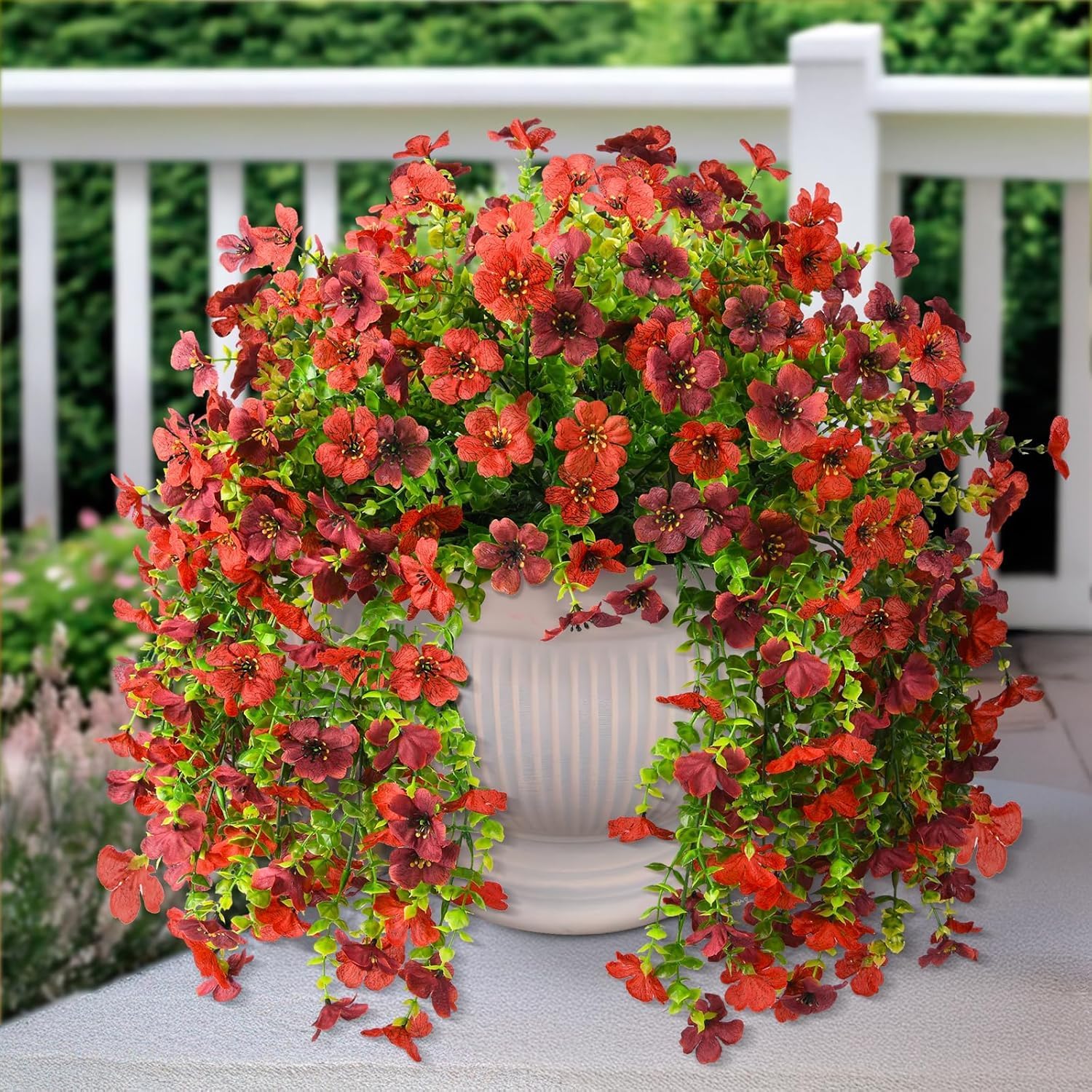 Artificial Hanging Flowers for Outdoors Spring Decoration, 2PCS Silk Fake Daisy Realistic Outdoor Flowers UV Resistant Porch Patio Window Yard Decor (Red Brown)