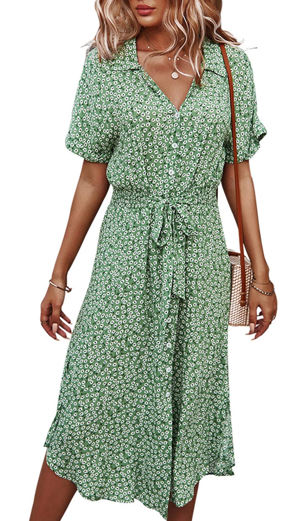 Jiraewh Women's Floral Summer Dress, Short Sleeve, Knee-Length, V-Neck, Loose, Button Dress, High Waist, Midi Shirt Dress, Beach Dress, Polka Dots