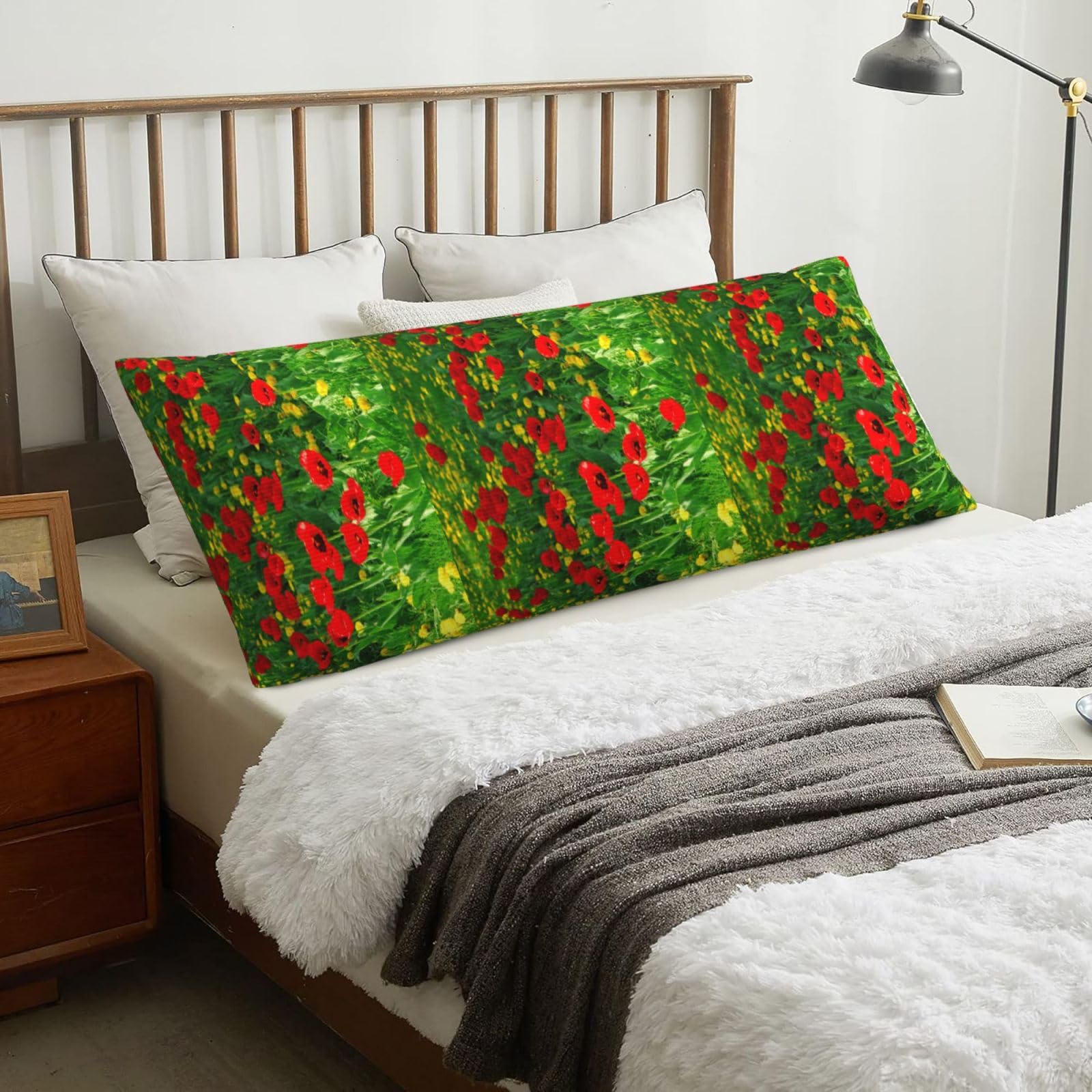 Red Poppy Field Farm Meadow Landscape Print, Body Pillow Cover with Zipper,Long Body Pillowcase 20 x 60 in