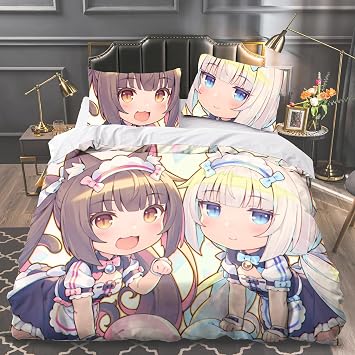 Nekopara 3-Piece Bedding Sets - Chocolate and Vanilla 3D Printed Anime Duvet Cover Set with 1 Quilt Cover 2 Pillow Shams