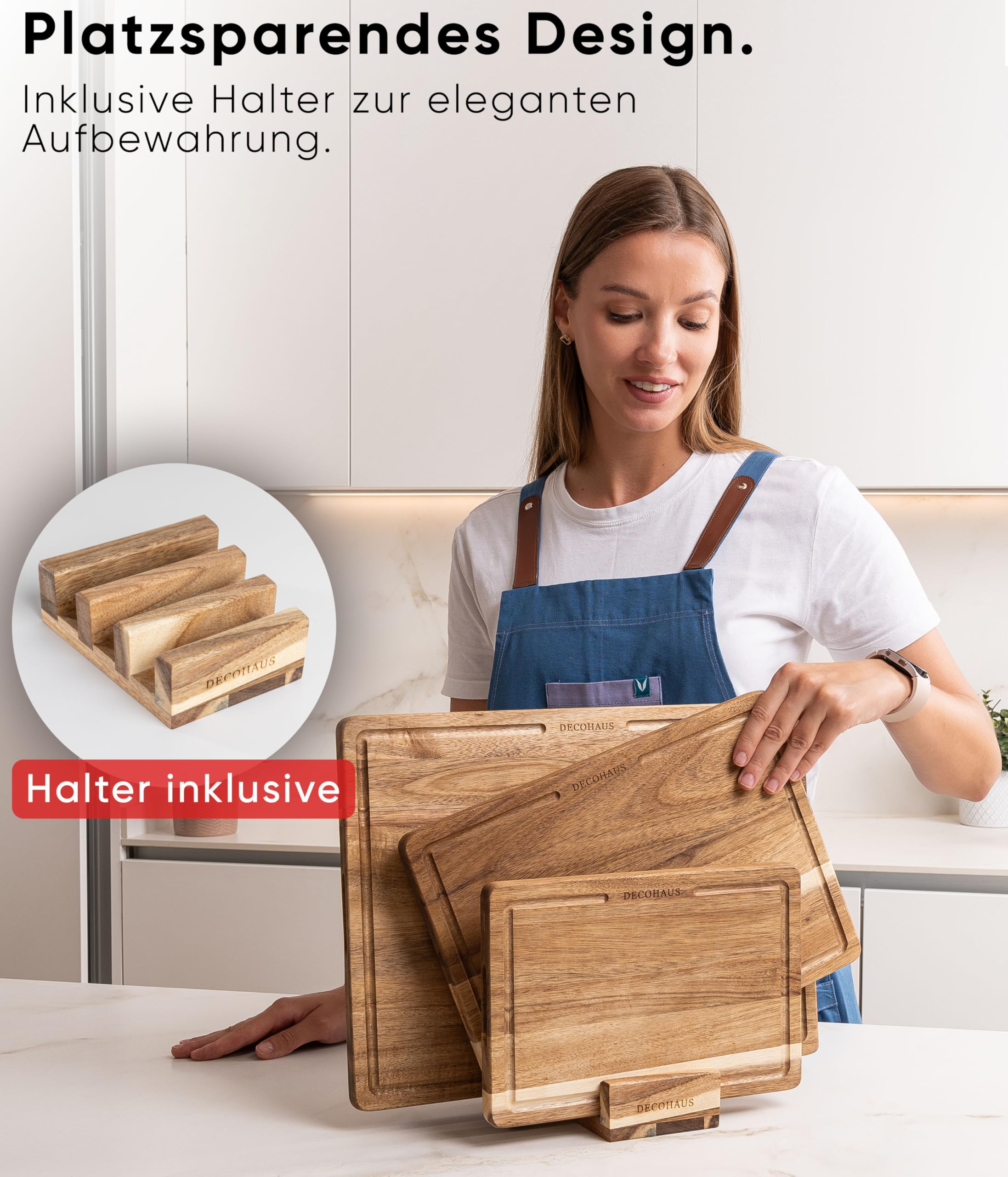 Deco haus Schneidebrett Holz 3er Set aus Robustem Akazie [2cm DICKE] - Schneidebretter mit Saftrille - Holzbrett Küche 40x30, 33x24, 26x18 Holzbretter - Wooden Cutting board set - Holzschneidebrett