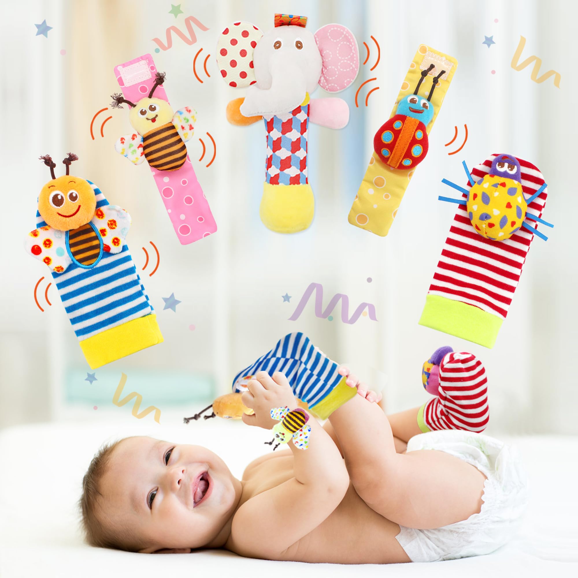 Soft Baby Toy, Wrist Rattle & Foot Finder Socks, Handheld Rattles and Rattle Socks, Foot Rattle Leg Rattle Ankel Rattle, Newborn Baby Rattle Toys for Infant Boy or Girl (5PBS-BR-E)