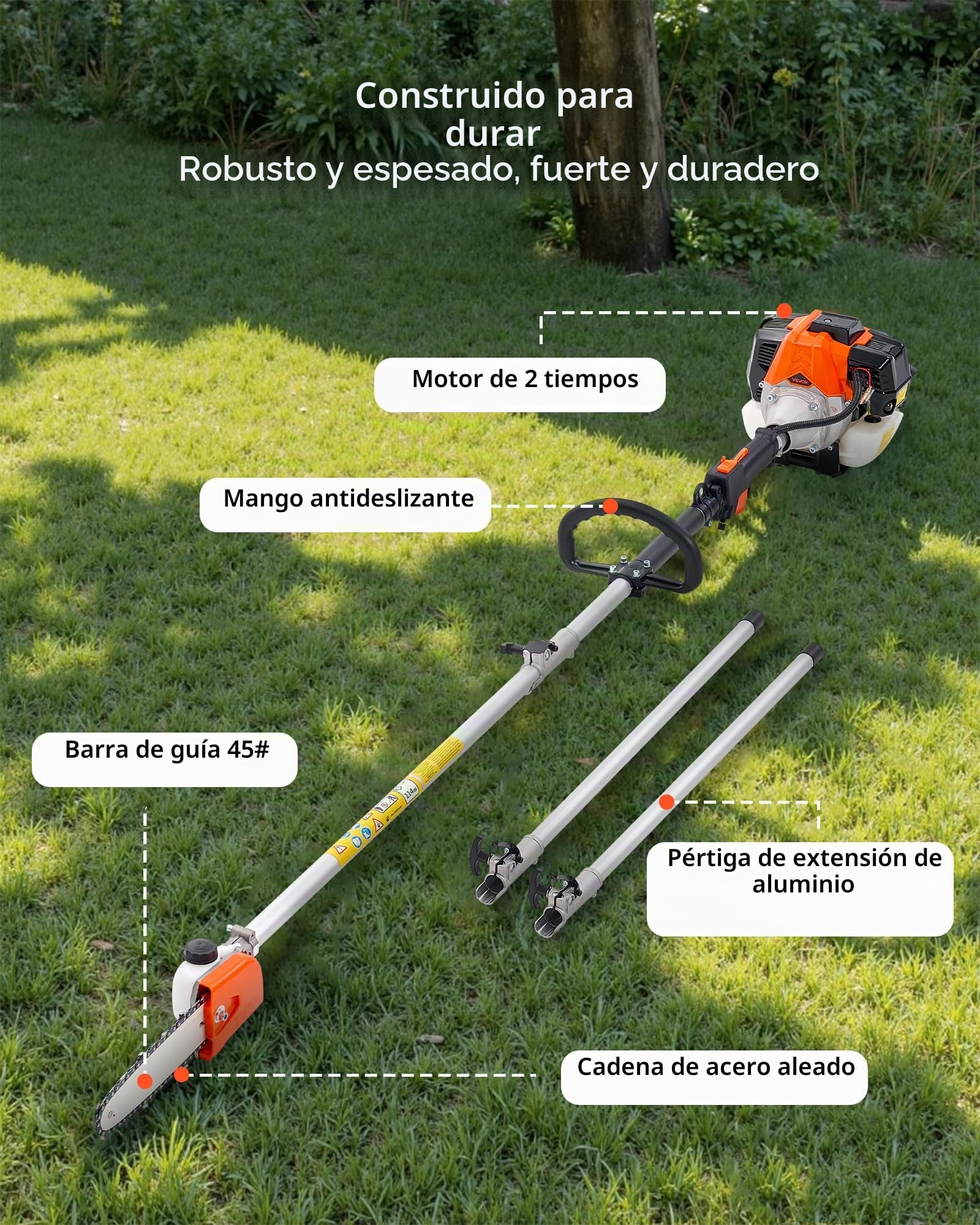 VEVOR Motosierra de Pértiga a Gasolina, Motosierra Inalámbrica de 33 cc y 2 Tiempos con Barra de Corte de 20,3 cm, Tanque de Combustible de 850 ml y Extensible de 2,04-3,54 m para Podar Árboles