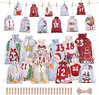 Naler Christmas Advent Calendar 2025, 24 Pieces Christmas Drawstring Fabric Gift Bags Burlap Hanging Countdown Calendar Bags with Clips Rope for DIY Xmas Home Decorations
