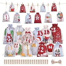 Naler Advent Calendar Bags 2026, Advent Calendars Jute Bags for Filling, Xmas Countdown Hanging Bags with Drawstring Wooden Clips to Fill Yourself for Gift Packaging