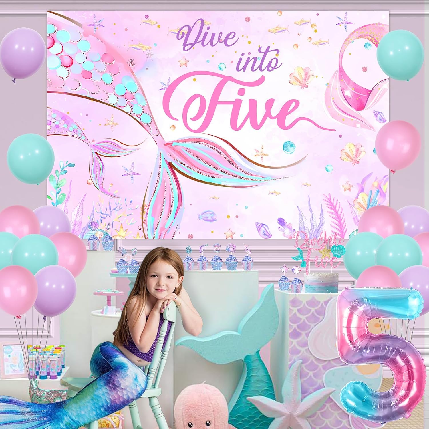 Mermaid Birthday Party Decorations, Dive Into Five Ocean Theme 5th Birthday Backdrop Cake Cupcake Toppers Pink Purple Blue Balloon for Girl 5 Year Old Party