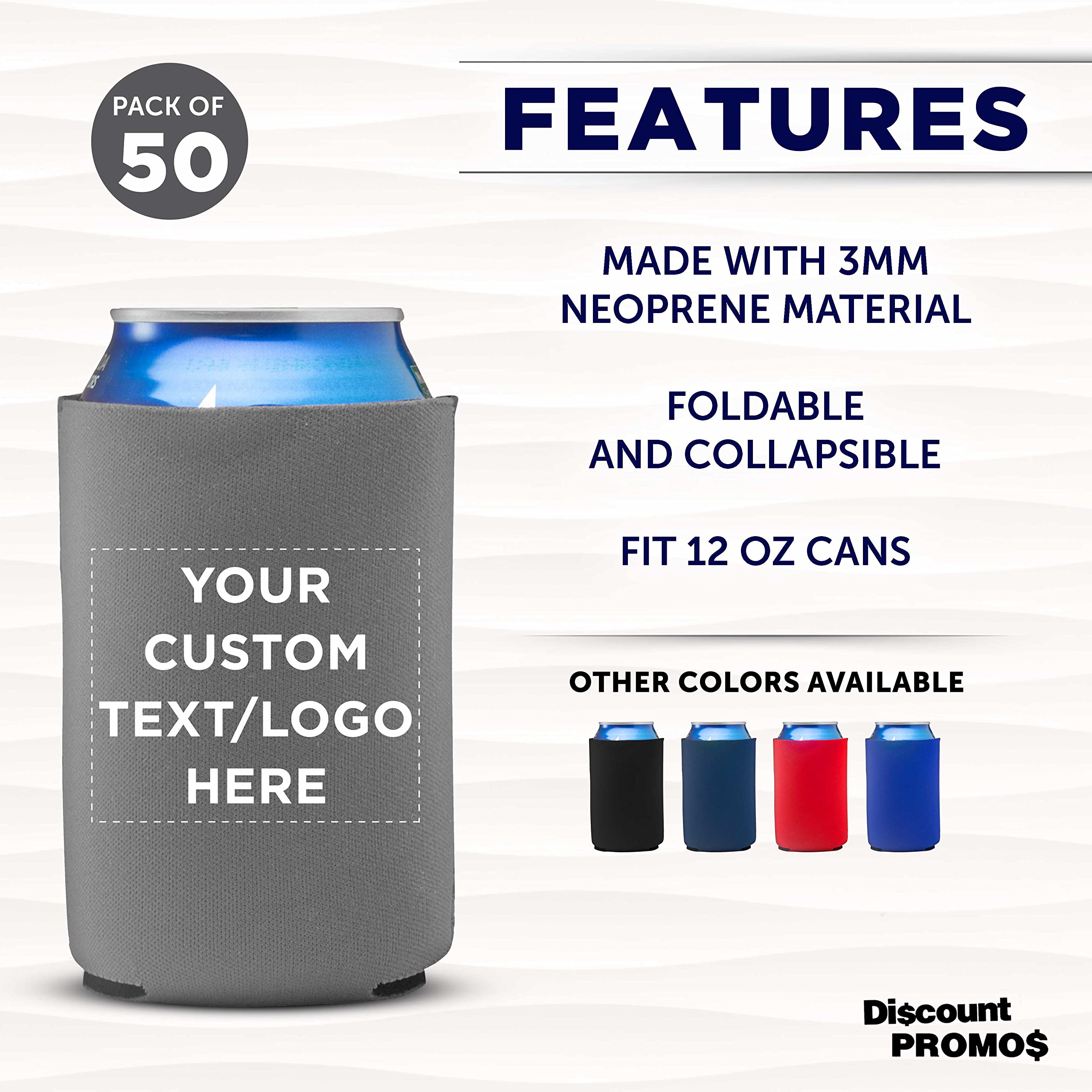 Custom Neoprene Collapsible Can Coolers 12 oz. Set of 50, Personalized Bulk Pack - Great for Weddings, Parties, Anniversary, Indoor & Outdoor Events - Grey