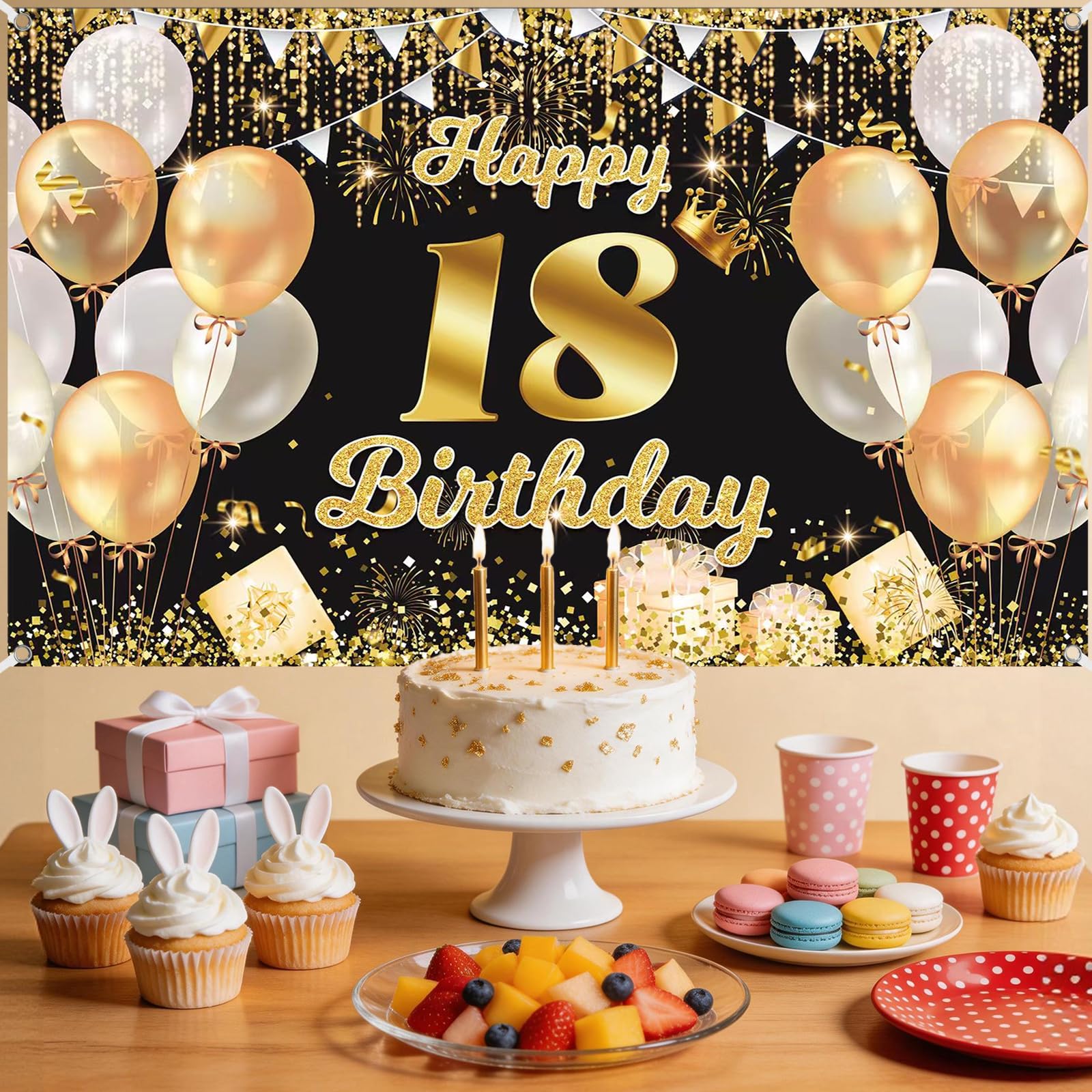 Birthday Banner Backdrop, Extra Large Happy Birthday Banner Decorations Photo Booth Background Sign Poster for Women 180×110cm (Black Gold 18th)