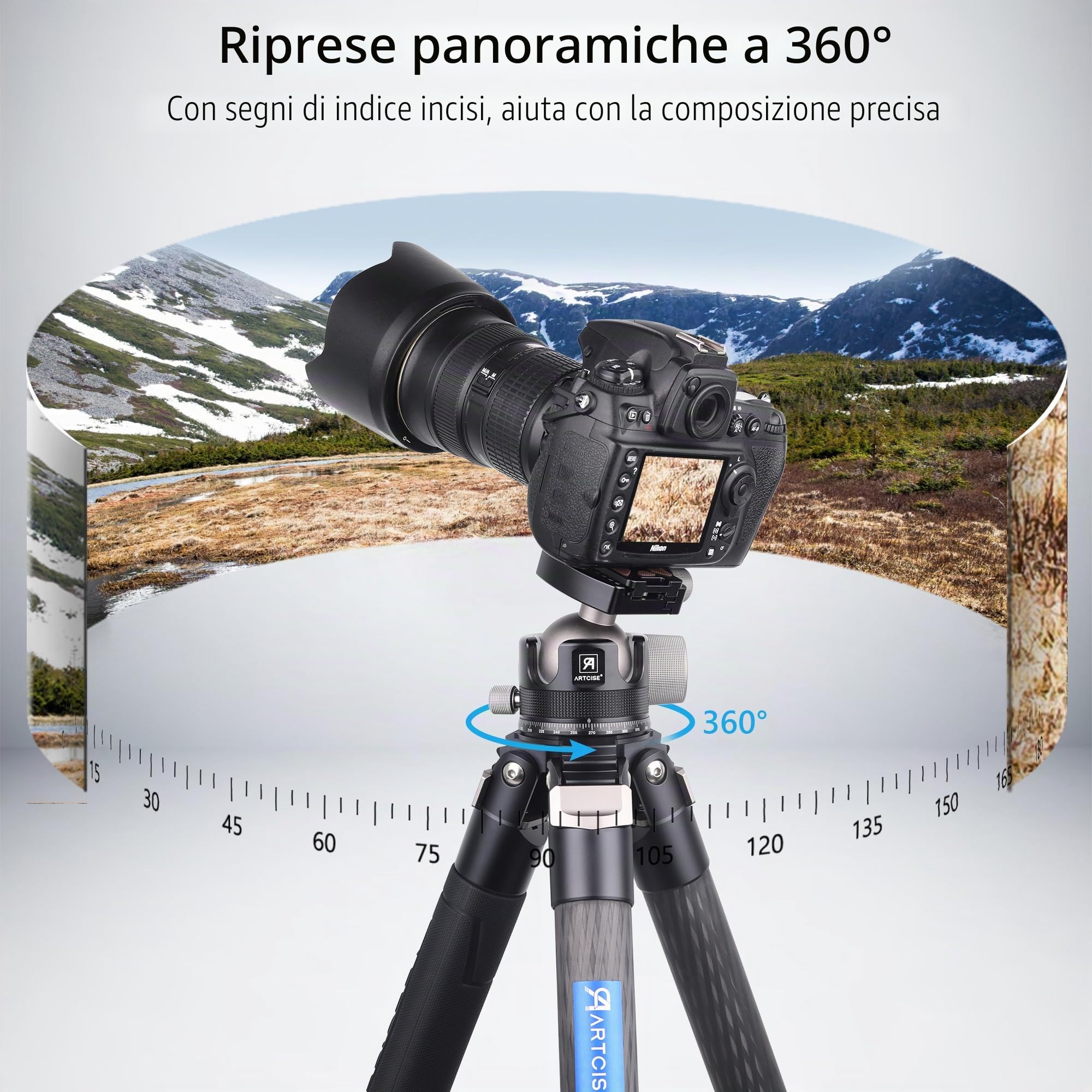 Testa a sfera a basso profilo da 55 mm, testa per treppiede per impieghi gravosi ARTCISE KB55 interamente in metallo con 3 piastre a sgancio rapido da 1/4" per treppiede, DSLR, carico massimo 40 kg