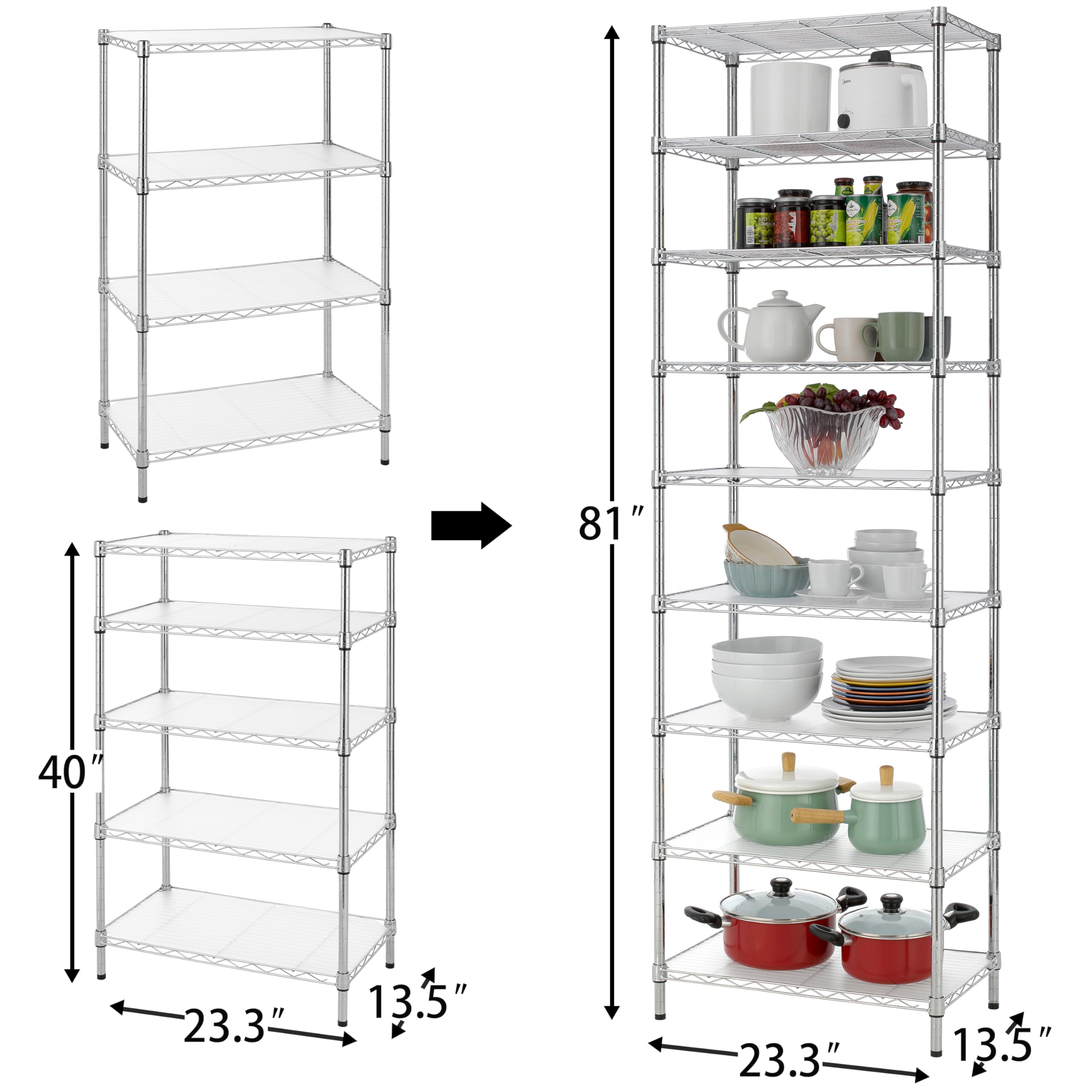 Finnhomy 9-stöckiges Drahtregal, verstellbares Stahldraht-Regal, 200 cm Höhe, 9 Ablagen, Metall-Lagerregal, Speisekammerregale zur Aufbewahrung mit PE-Matte, NSF-Zertifiziert, Chrom