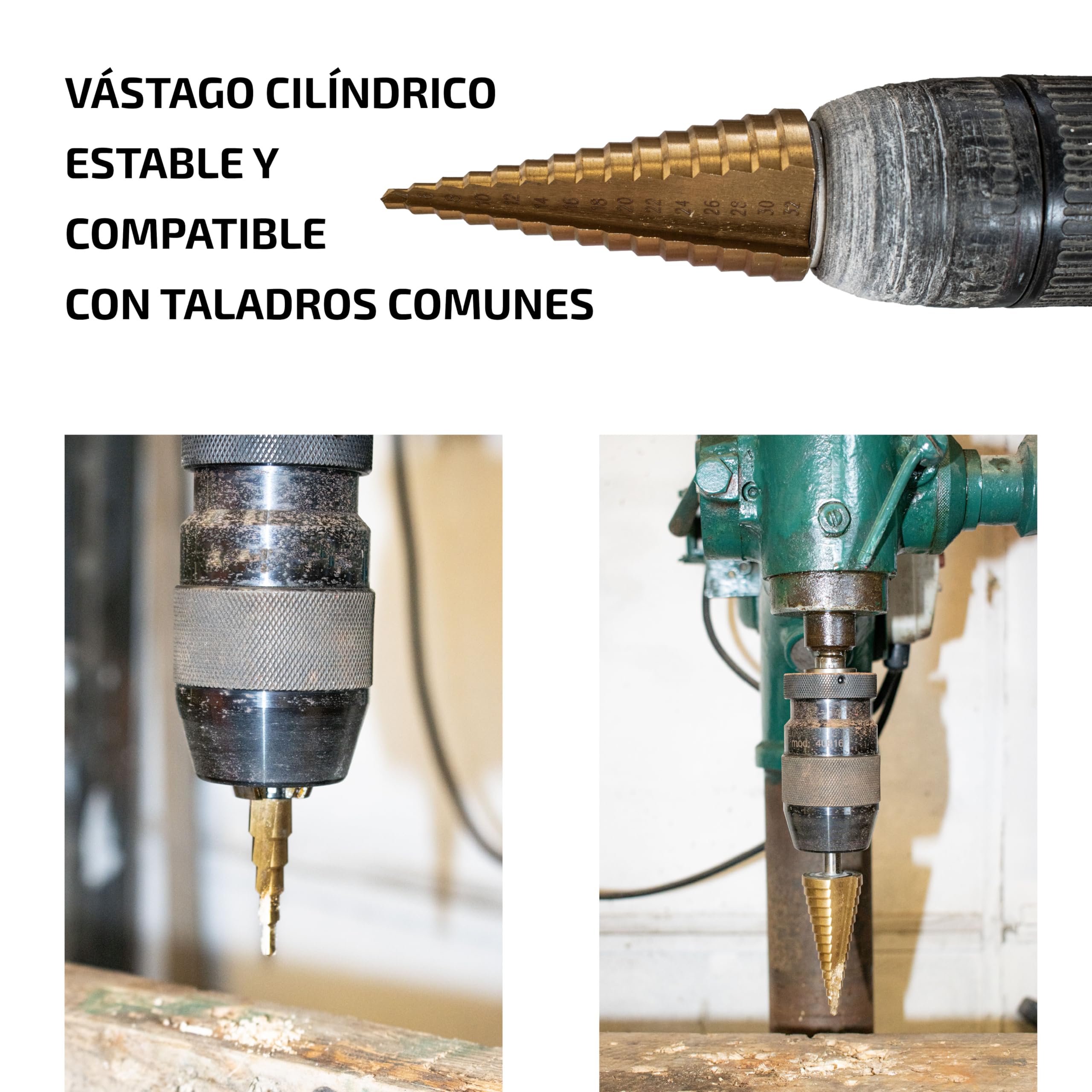 Juego de 2 Brocas Cónicas Escalonadas de Ø4-32mm y Ø4-12mm en Acero HSS4241 con Revestimiento de Titanio – Taladro para Madera, Plástico y Metal - Dureza HRC61-63
