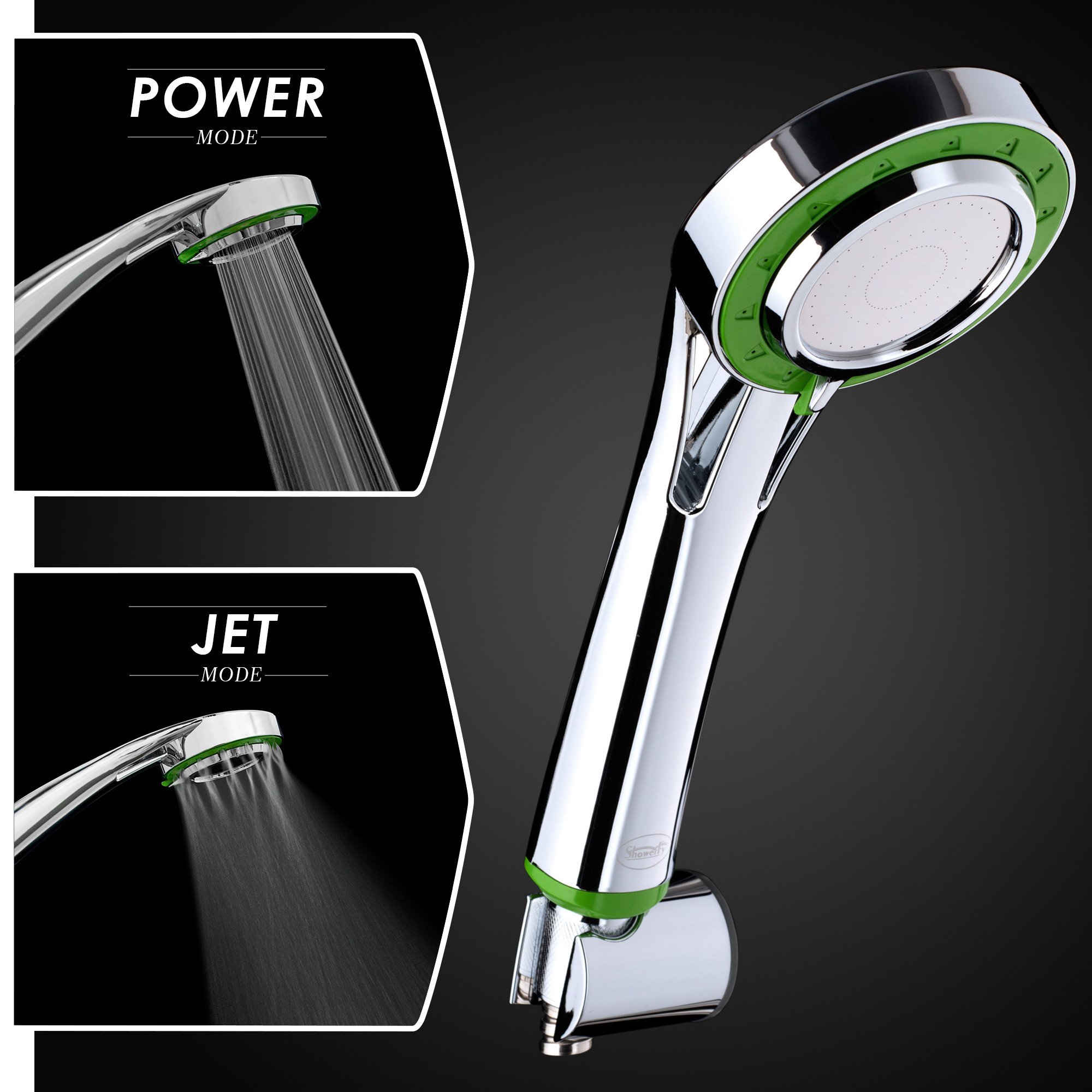 High Pressure Handheld Shower Head by Showerfy - Best For Low Pressure Water System, Low Flow Water Saving With 2 Settings - Chrome, Green - Great Replacement For Your Home! (Shower Head Only)