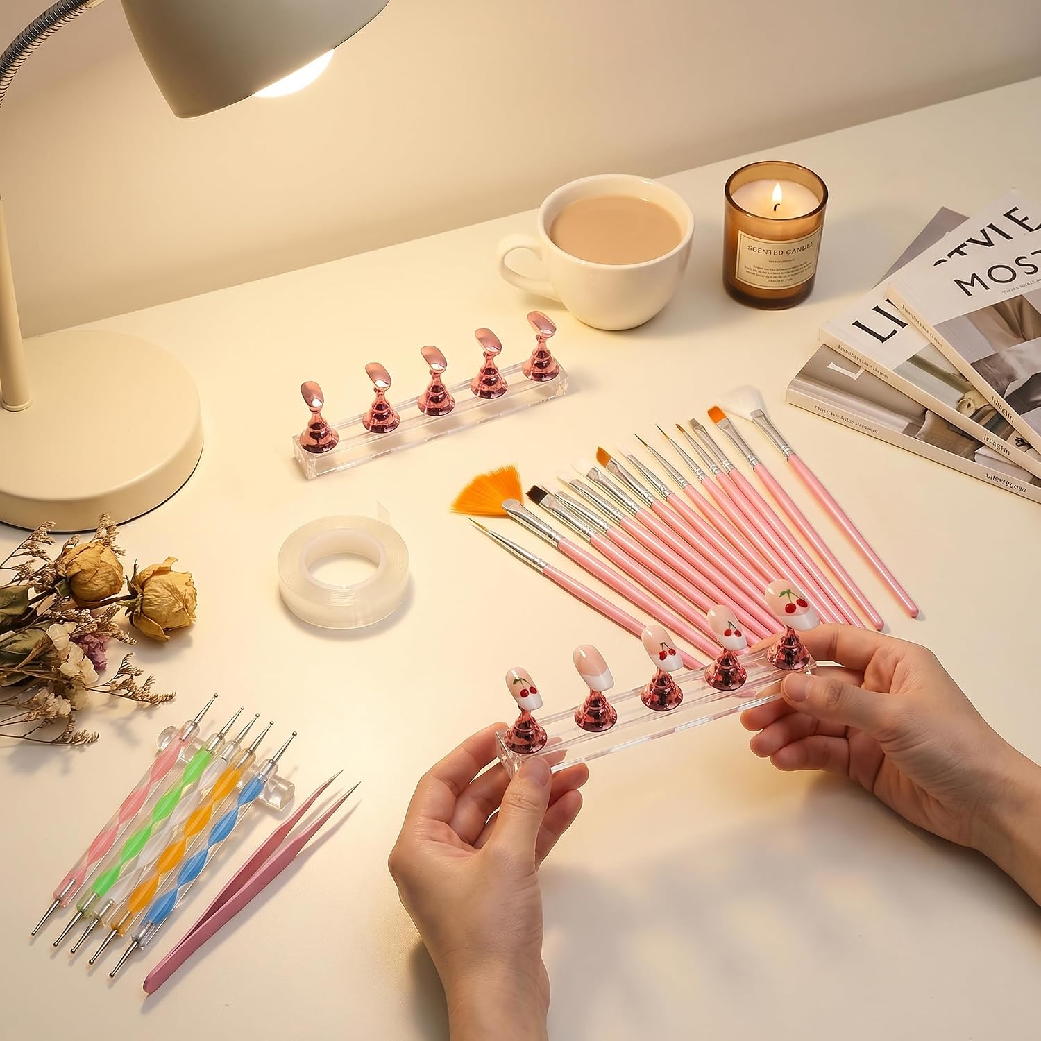 Nail Art Tools Set, 15 PCS Nail Art Brushes, Nail Stand for Press Ons, 5PCS Nail Dotting Tool and Brush Rack with Double Sided Tape Tweezers for Home Salon DIY Beginner Supplies