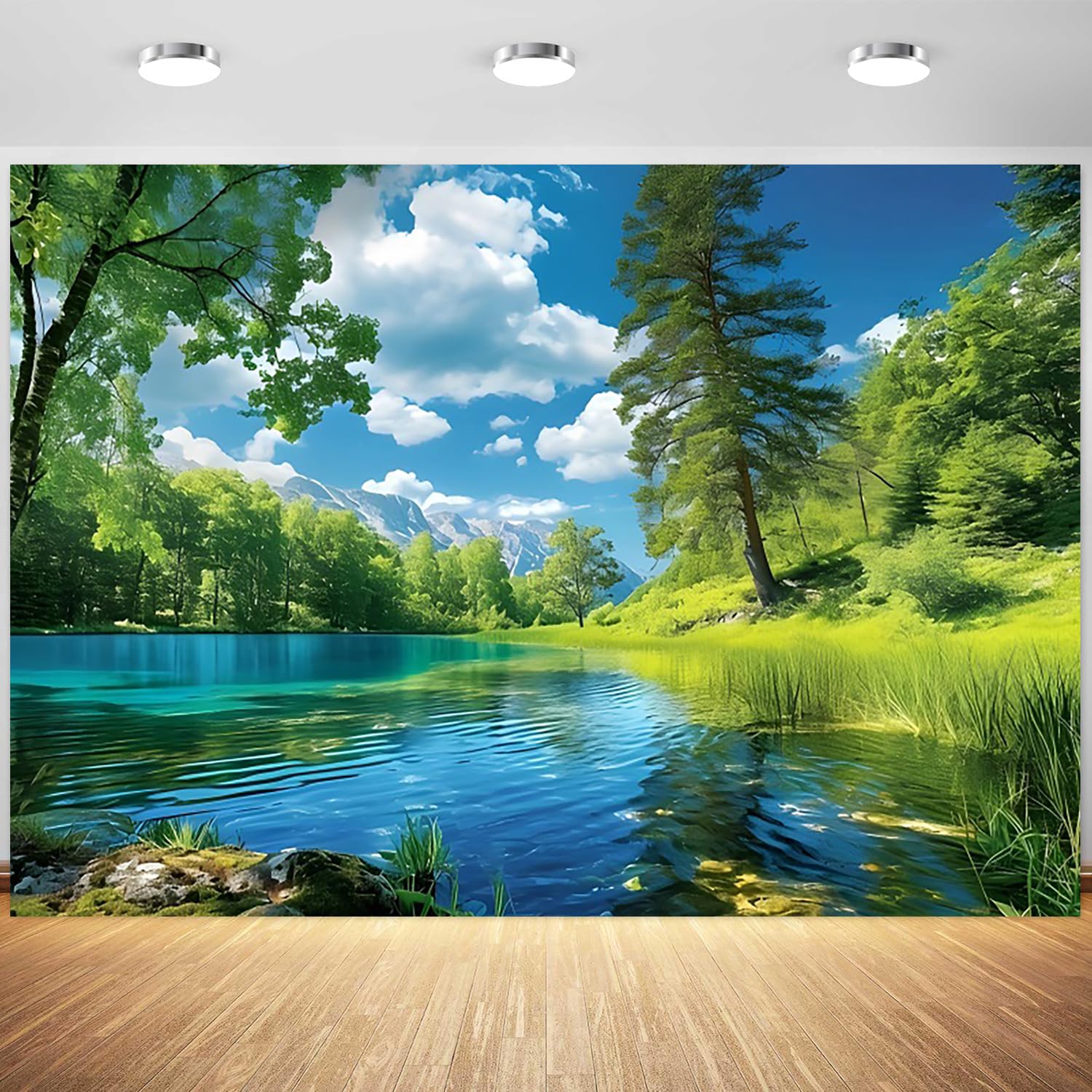 7x5ft Nature Scenery Backdrop Mountain Lake Green Trees Landscape Photography Background Natural Scene Travel Camping Birthday Party Decorations