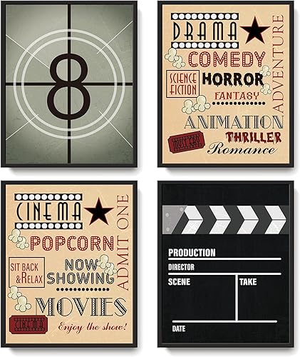 LARTSFRO Juego de 4 impresiones artísticas de pared de películas vintage, decoración de sala de cine, carteles de arte de cine retro, decoración de