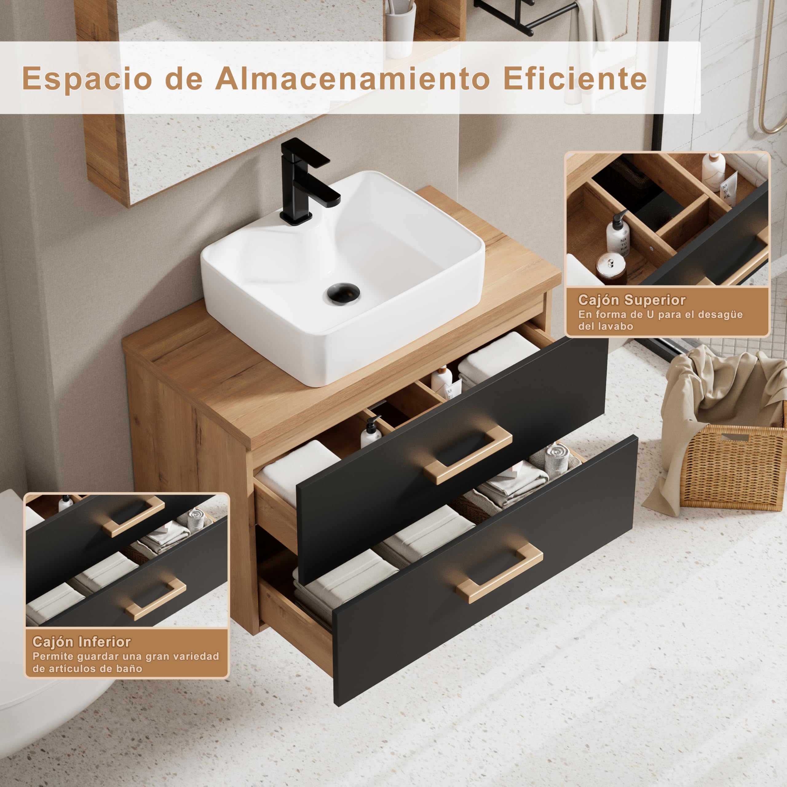 UEV Mueble de Baño 80CM con Lavabo de Estilo Rústico, Lavabo con Mueble de Pared, Mueble de Baño Colgado de Pared Impermeable y Resistente, Negro