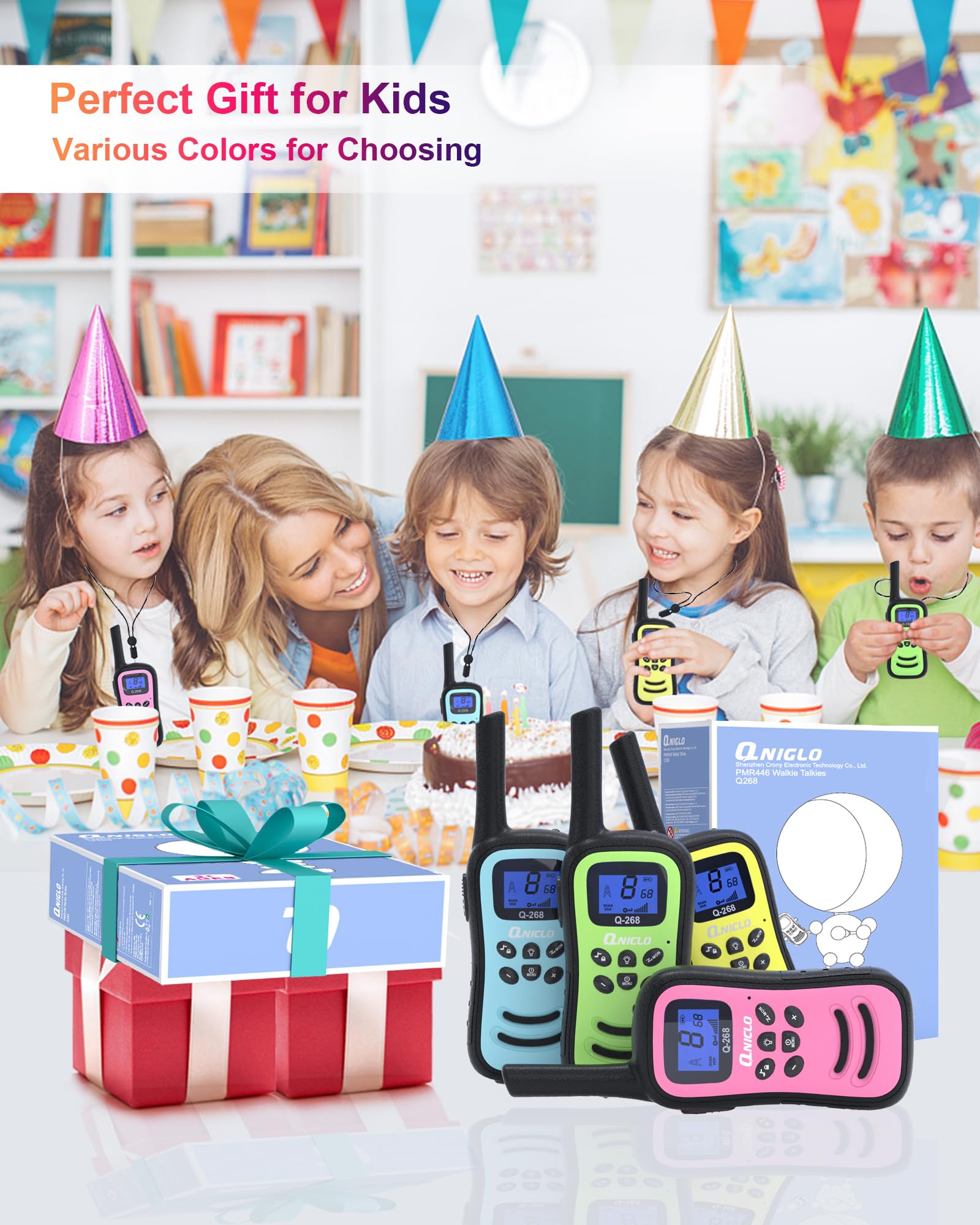 QNIGLO Walkie Talkie Niños Recargable, Largo Alcance 8 Canales Radio de 2 vías Walky Talky,Buen Ayudante de Camping en Bicicleta Senderismo,Regalo de Moda para Niños Chicos(RosaAzul)