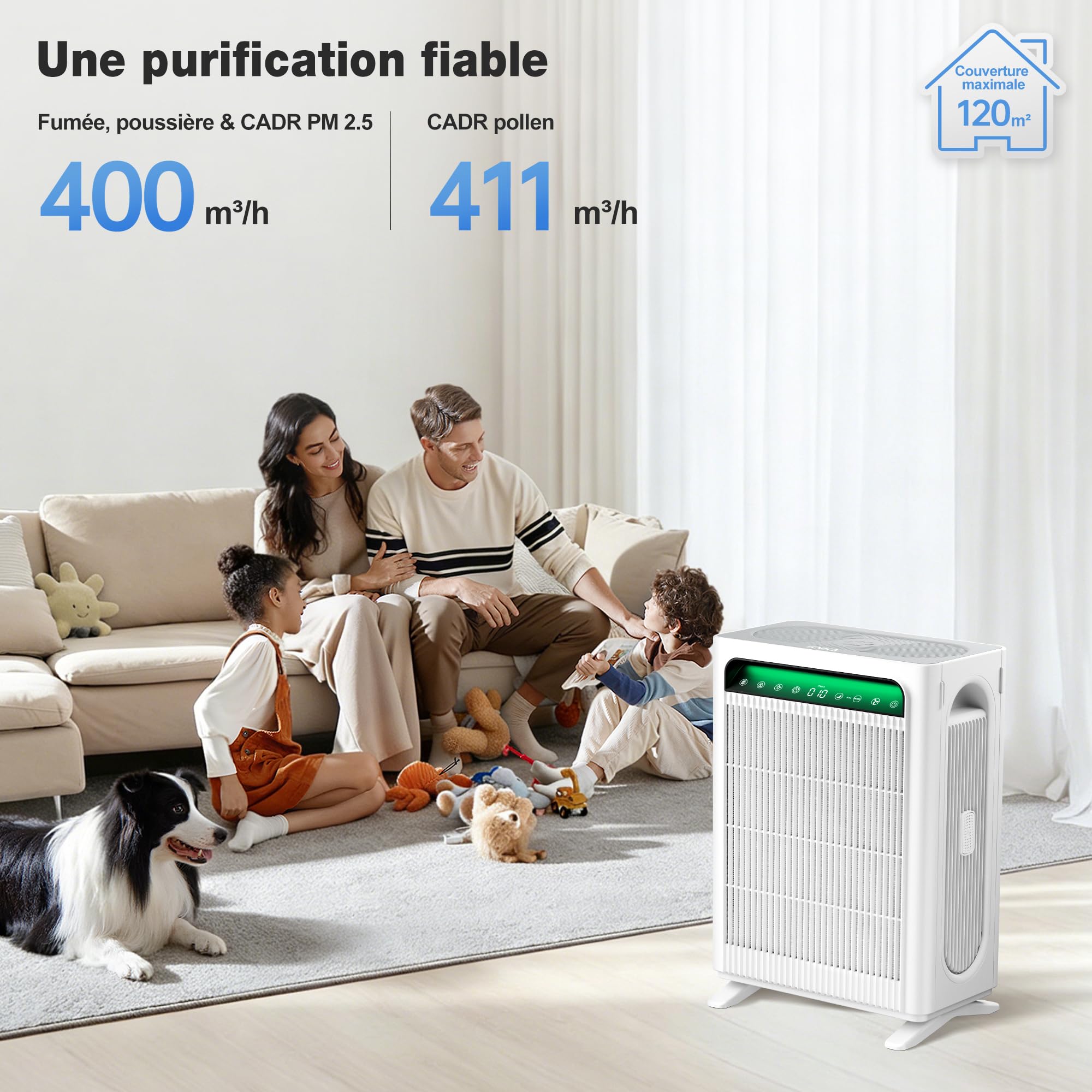 KNKA Purificateur d’air,Double filtre HEPA CADR 400m³/h,jusqu’à 120m²,Blanc