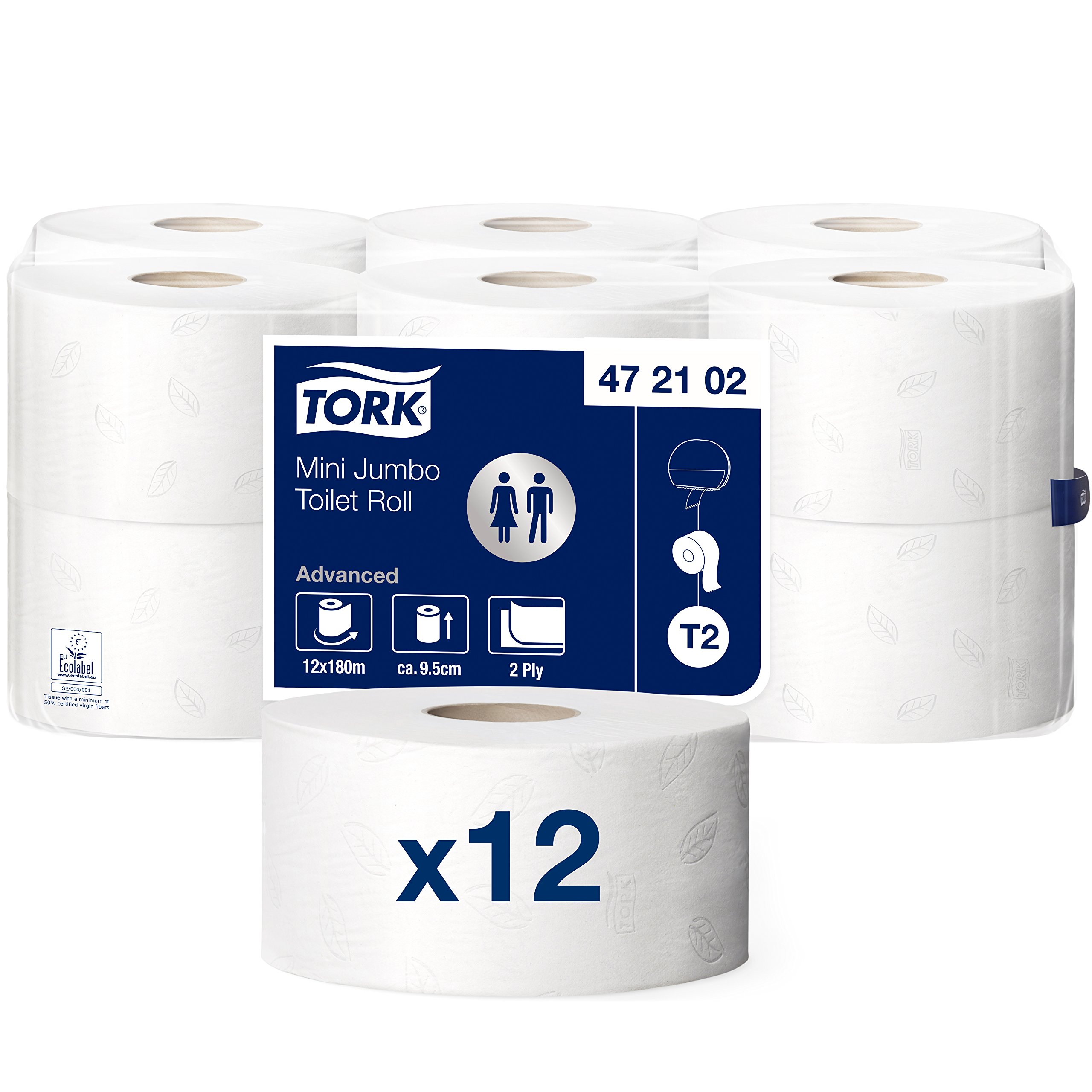 Tork 472102 Rotoli di Carta Igienica Mini Jumbo Advanced, compatibili con sistema T2 Mini, 2 veli, 1 conf. x 12 rotoli (12 x 180 m), 514 strappi x rotolo, bianco