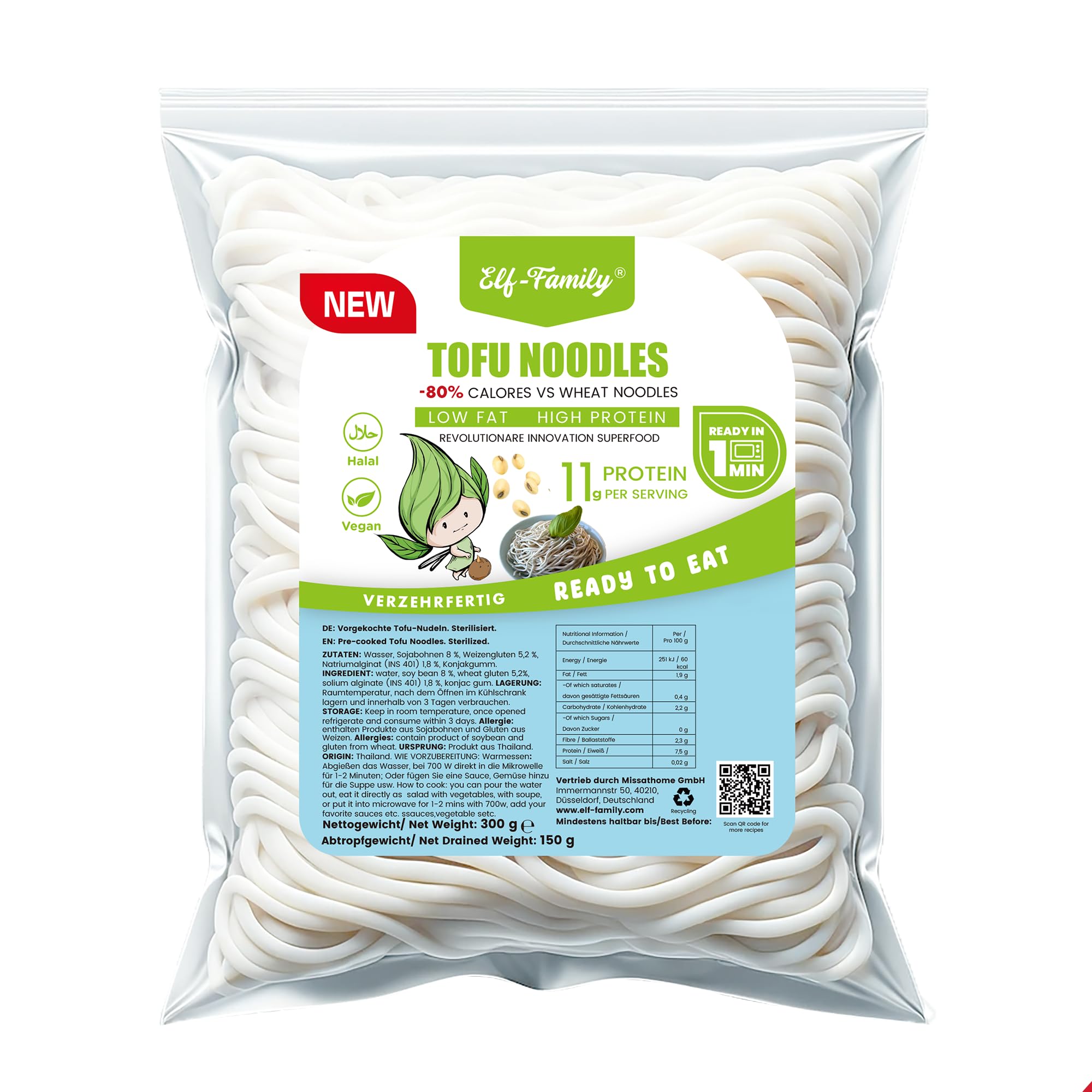 Elf-Family 300g×48er pack Tofu-Nudeln - Instant Nudeln High Protein,Weniger Kohlenhydrate, Low Carb, Vegan, schnelle Zubereitung, Authentisch aus Thailand, Low Fat/Zuckerfrei MHD: 08/11/2026
