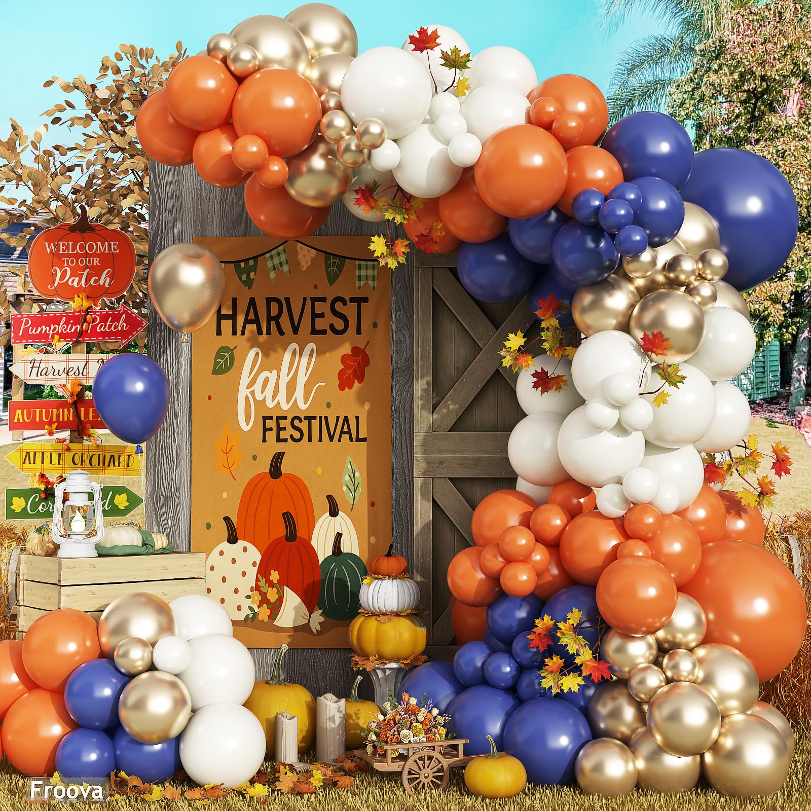 Froova Fall Balloon Arch Kit, 129pcs Burnt Orange Retro Navy Blue White Sand Metallic Gold Fall Color Balloon Garland Arch for Birthday Harvest Autumn