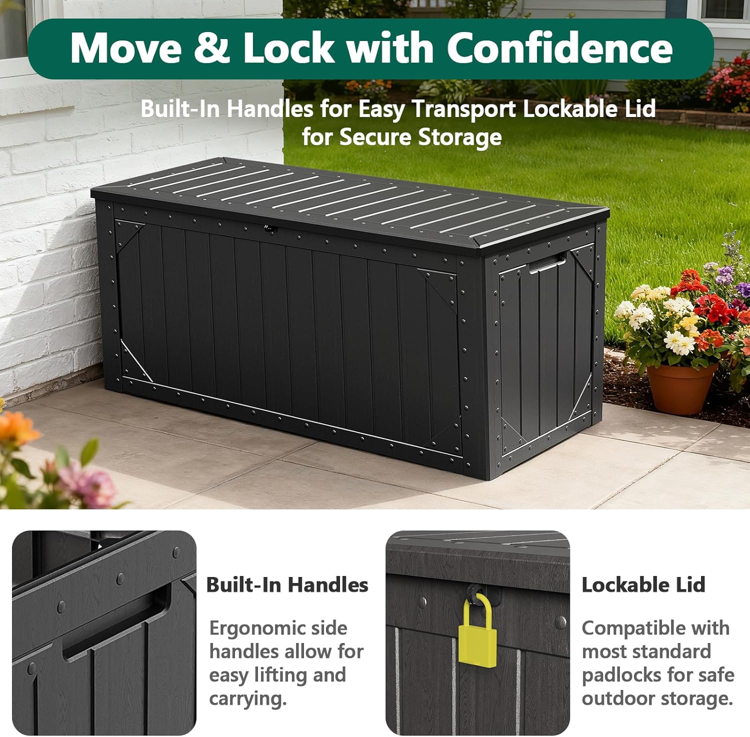 Outdoor Storage Box,100 Gallon Deck Box Outdoor Storage Bench Outside Waterproof Resin Storage Bench, Lockable Patio Cushions, Garden Tools Storage For Furniture, UV Resistant - Image 3