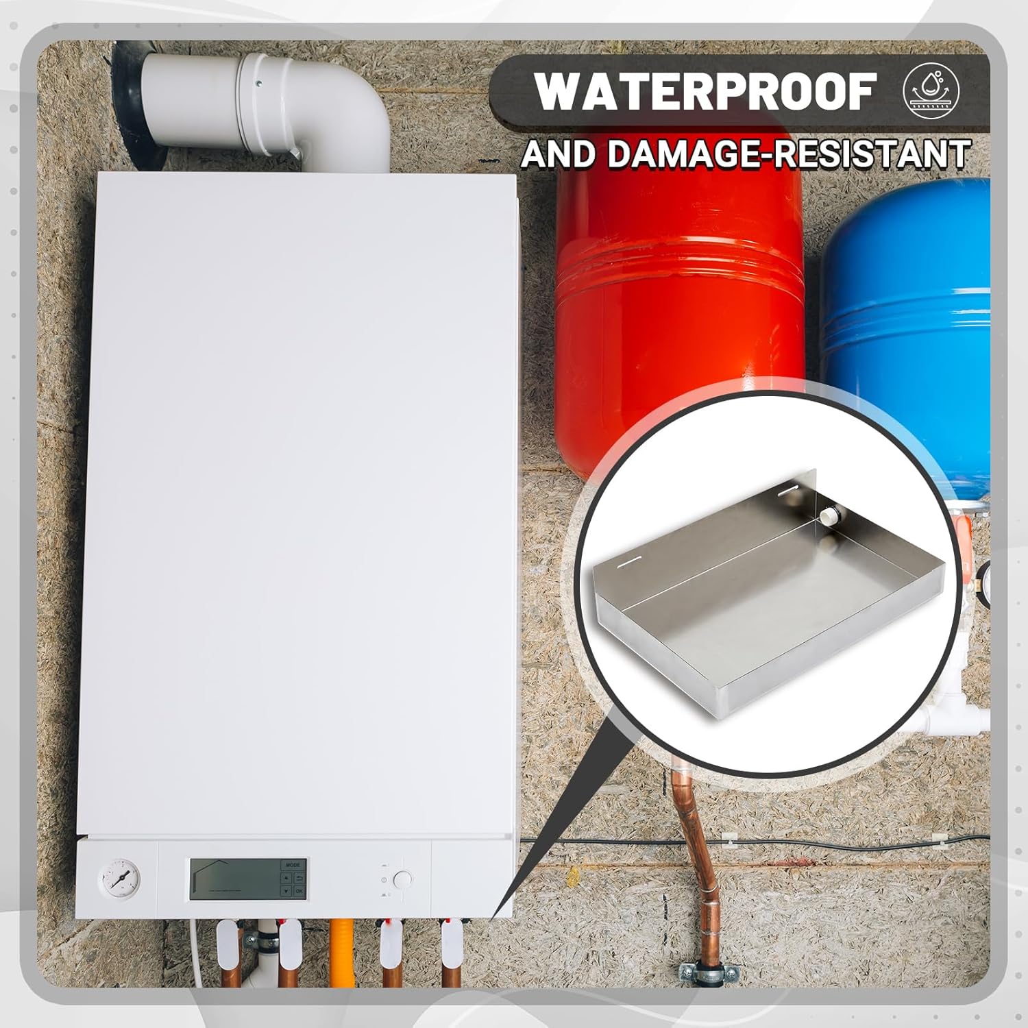 Blulu Water Heater Drain Pan Wall Mounted Tankless Stainless steel Heater Pan 20" x 13" x 2.5", Water Damage Prevention No Leak Welded and Waterproof