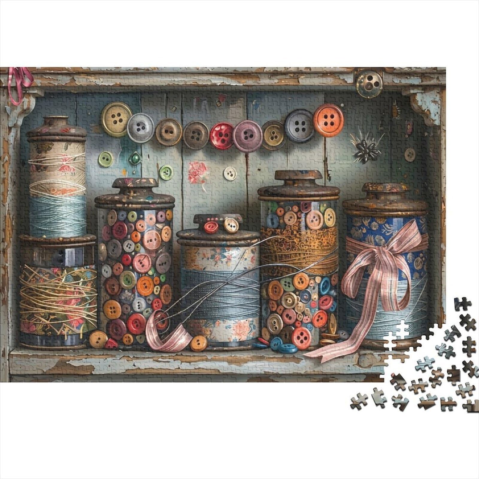 Vintage Sewing Supplies 1000 PC Recycled Cardboard Sewing Spools & Buttons Jigsaw Puzzle for Adults Educational Decompression Game for Wall Decoration And Gifts Best Gift for Puzzle Lovers Who Enjoy R