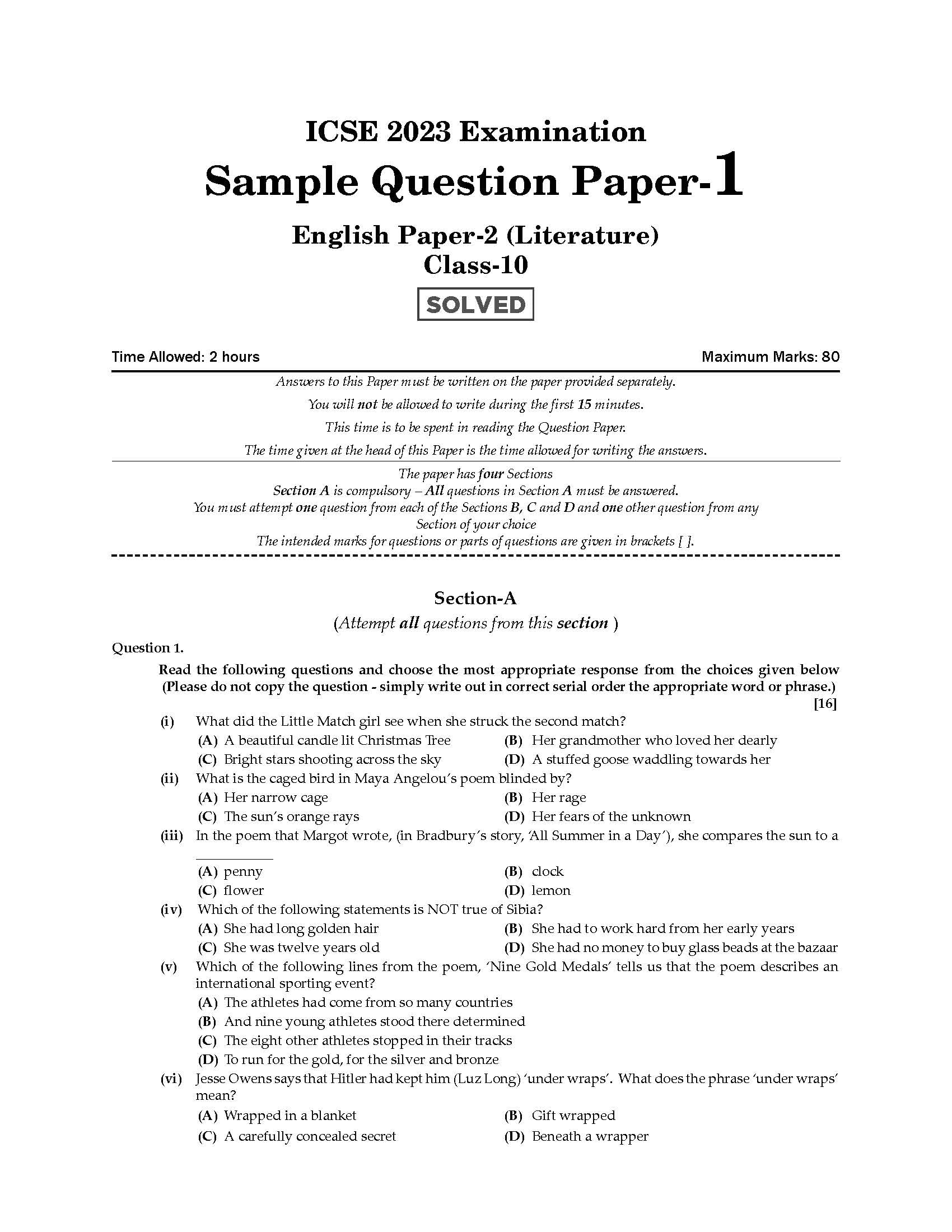 Oswaal ICSE Sample Question Papers Class-10 English Paper-II (For 2023 Exam) 3