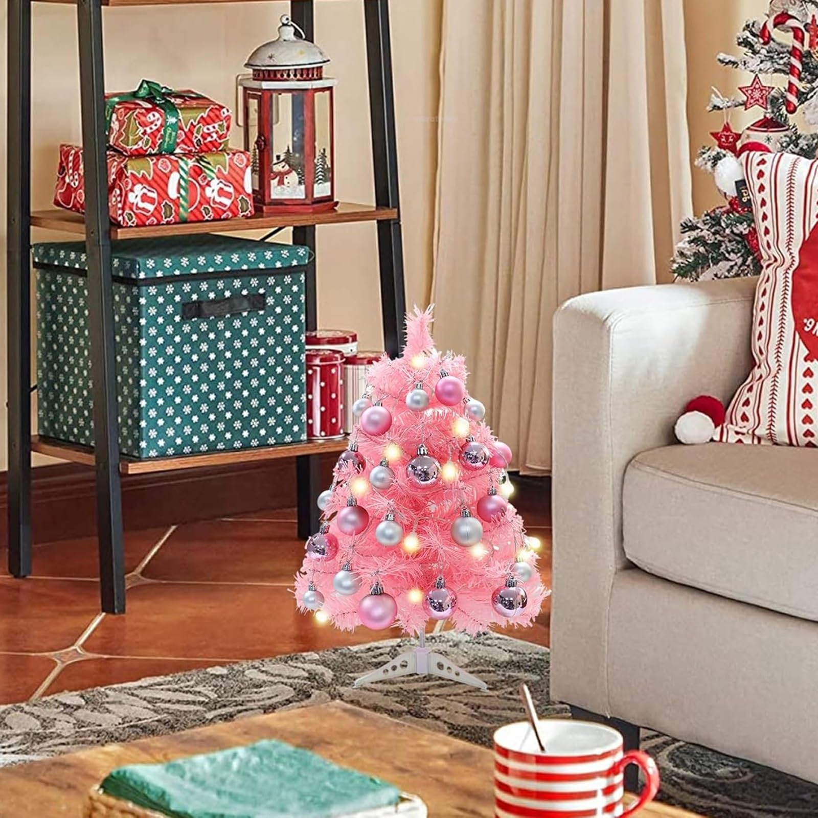 Albero di Natale piccolo rosa da 60 cm con 24 palline, albero di Natale artificiale da tavolo for decorazioni natalizie di Capodanno Piante artificiali