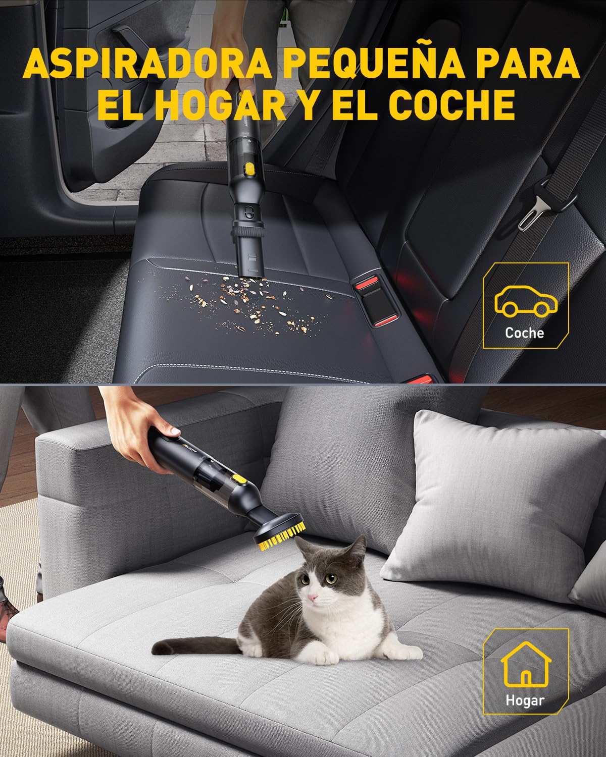 AUXITO Aspirador de Mano - Aspirador Coche de 24000 Pa, Autonomía de 30 Minutos,4 en 1, Recargable, Portátil y Ligero, Mini Aspiradora Potente para Coche, Hogar, Oficina y Pelo de Mascotas(Prieto) | Aspirador de coche inalámbrico, carga USB-C, aspiradora
